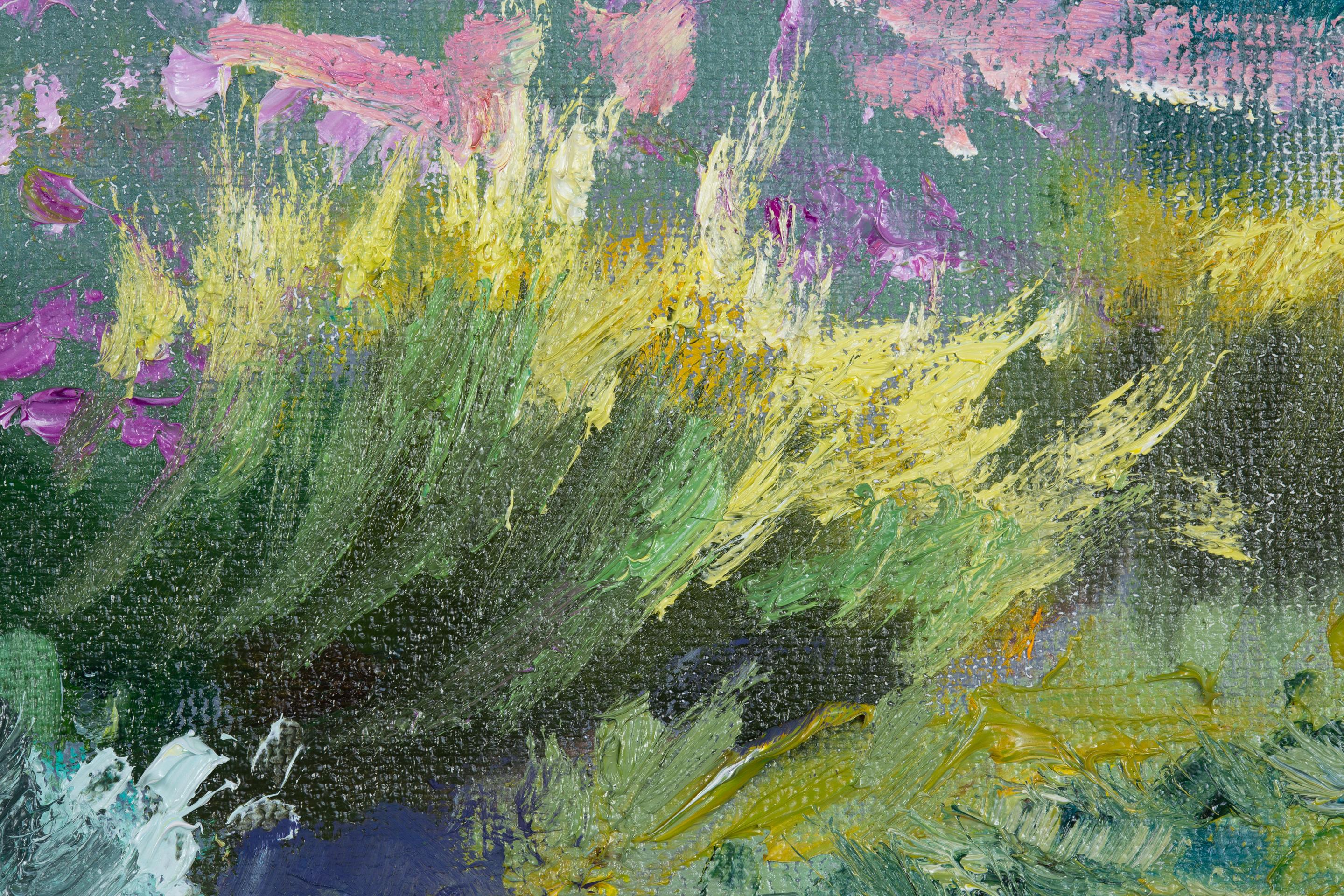 Jardin devant avec fleurs roses Fleurs, horizontale, peinture à l'huile en vente 3