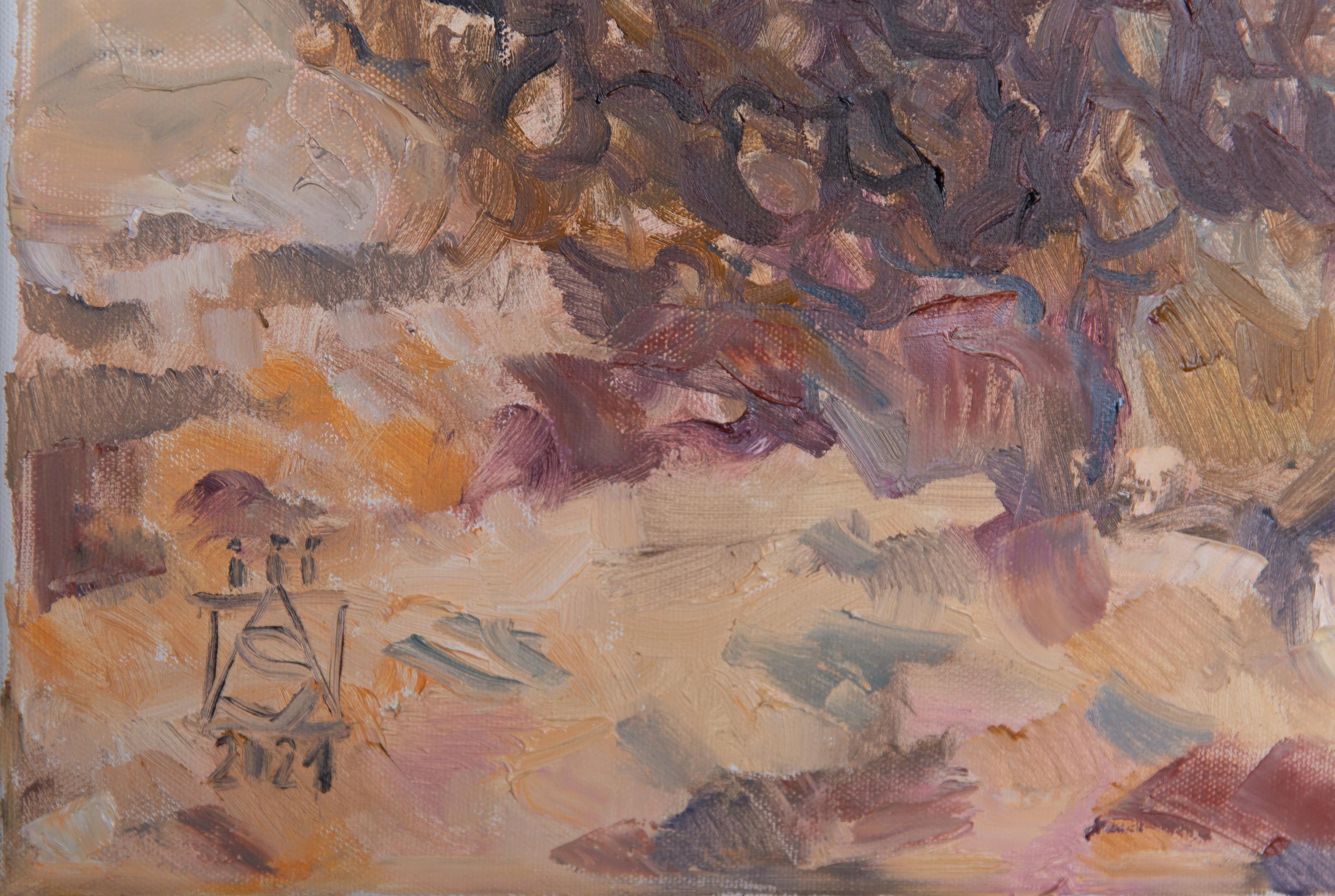 Fuerta Ventura. Playa. Paisaje marino, impresionismo al óleo, playa - Landscape Painting Gris de Anna Shesterikova
