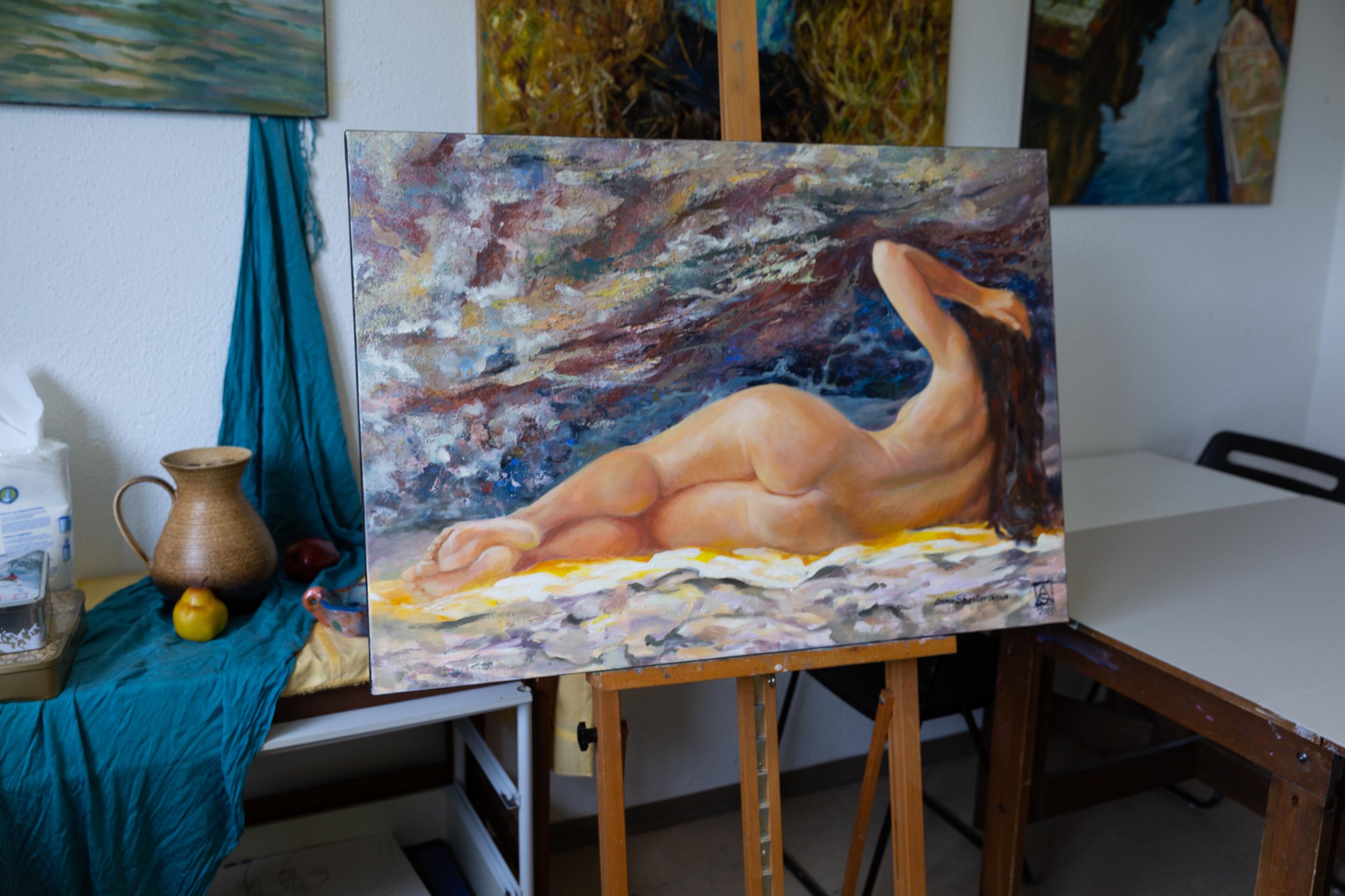 Fuerteventura. Acrylgemälde, groß, horizontal. . Aktmodell, figurativ (Post-Impressionismus), Painting, von Anna Shesterikova