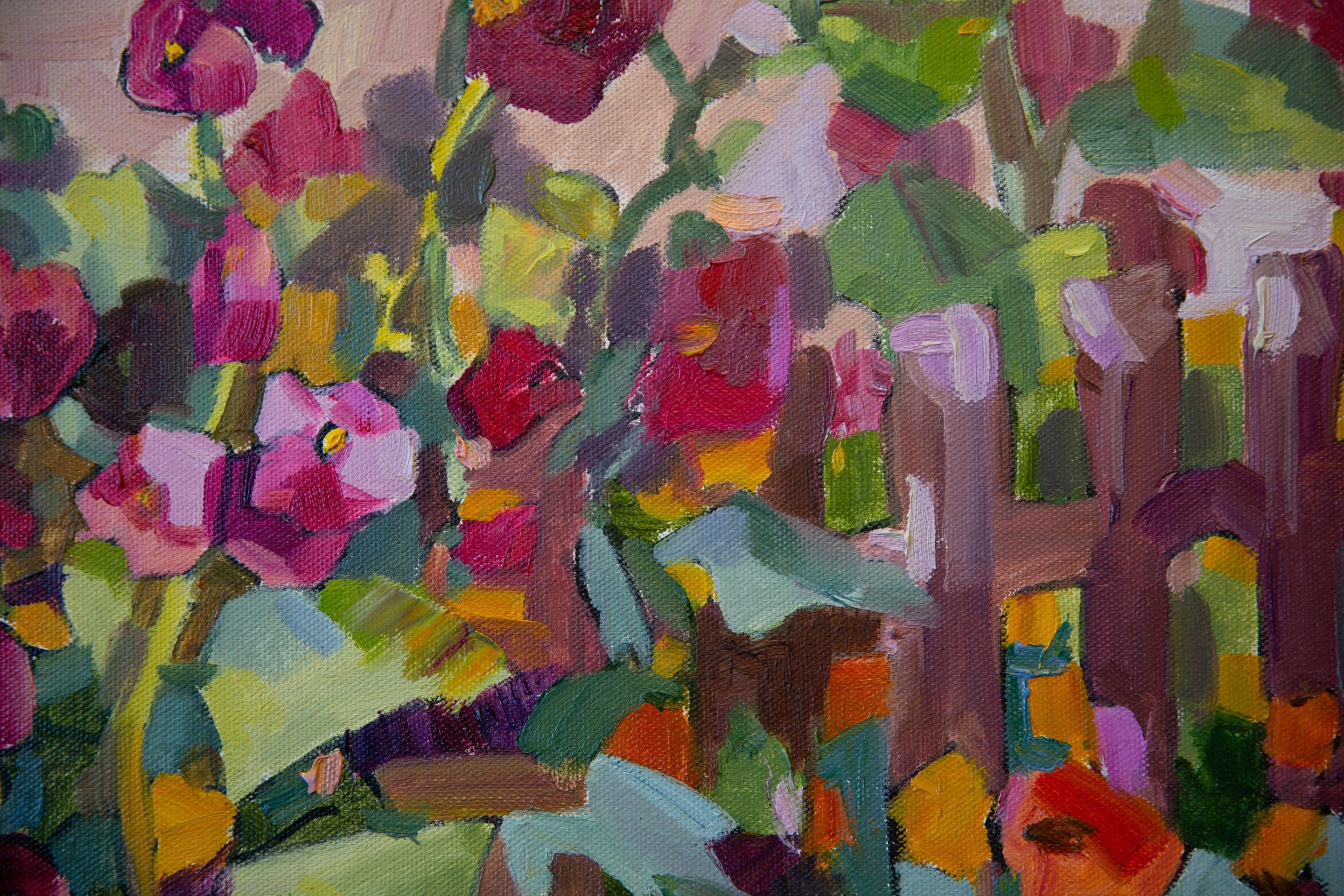 Garten. Ölgemälde, horizontal, floral, Blumen, rot, Dorf im Angebot 8