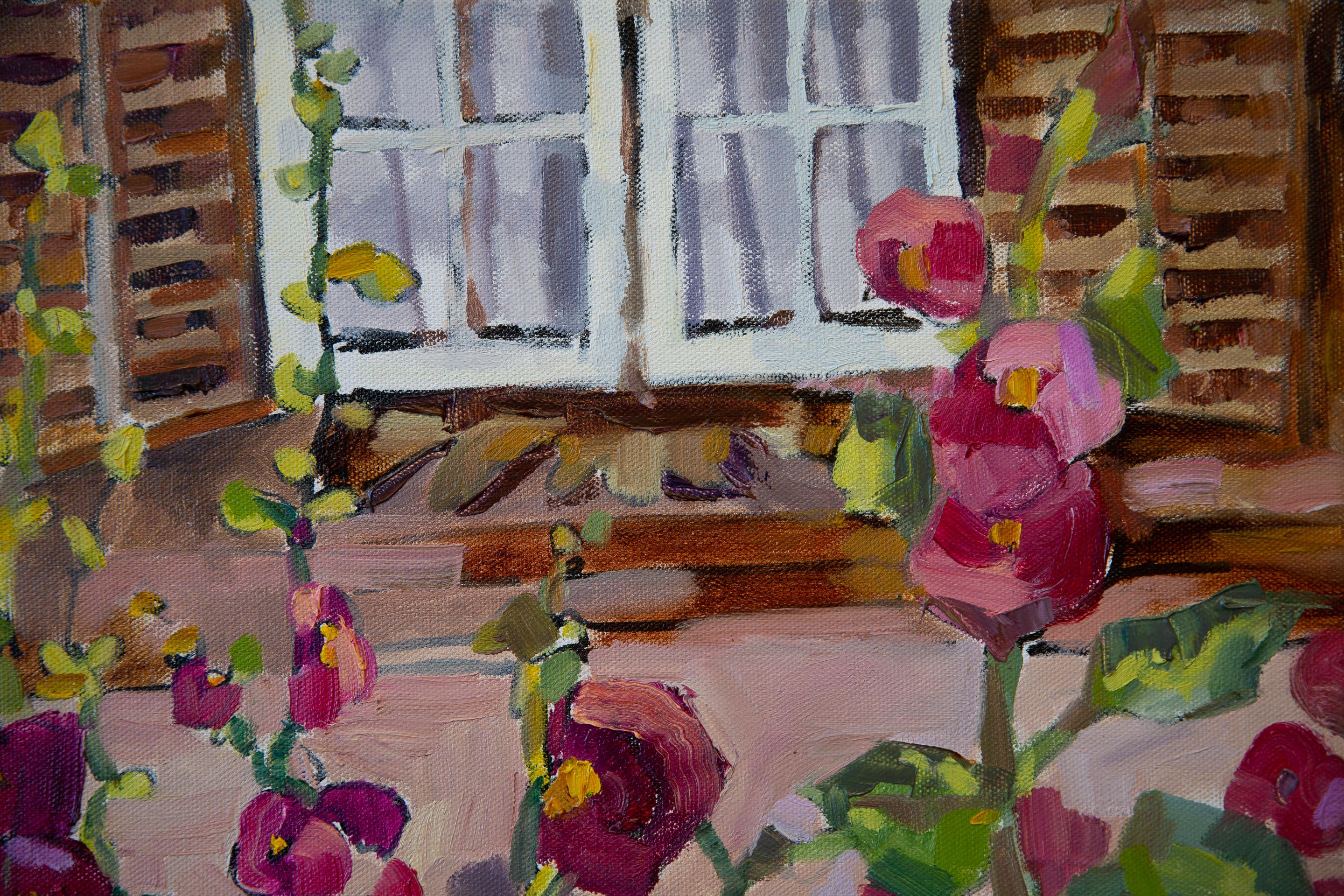 Garten. Ölgemälde, horizontal, floral, Blumen, rot, Dorf im Angebot 9