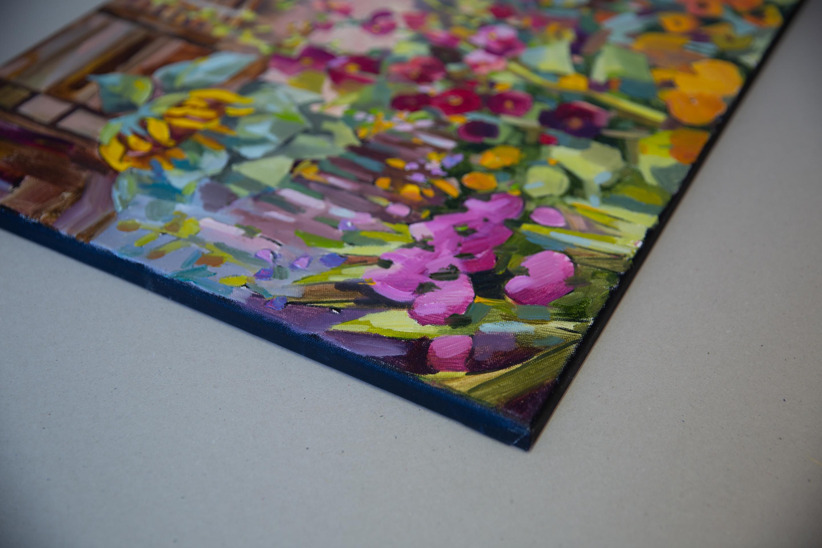 Garten. Ölgemälde, horizontal, floral, Blumen, rot, Dorf – Painting von Anna Shesterikova