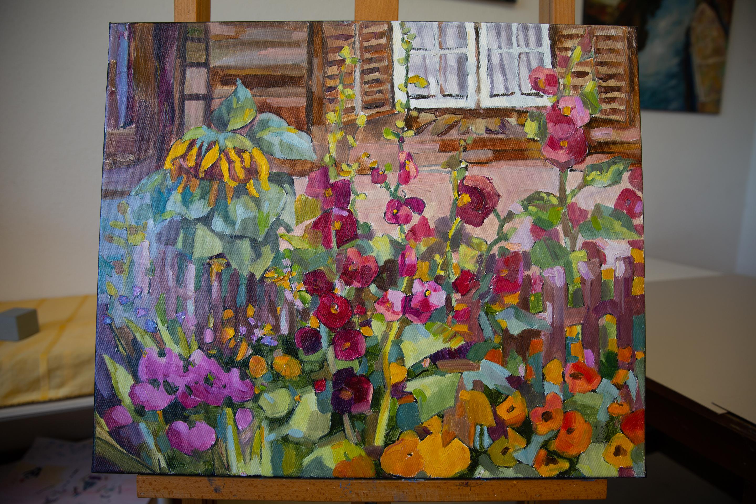Garten. Ölgemälde, horizontal, floral, Blumen, rot, Dorf (Braun), Landscape Painting, von Anna Shesterikova