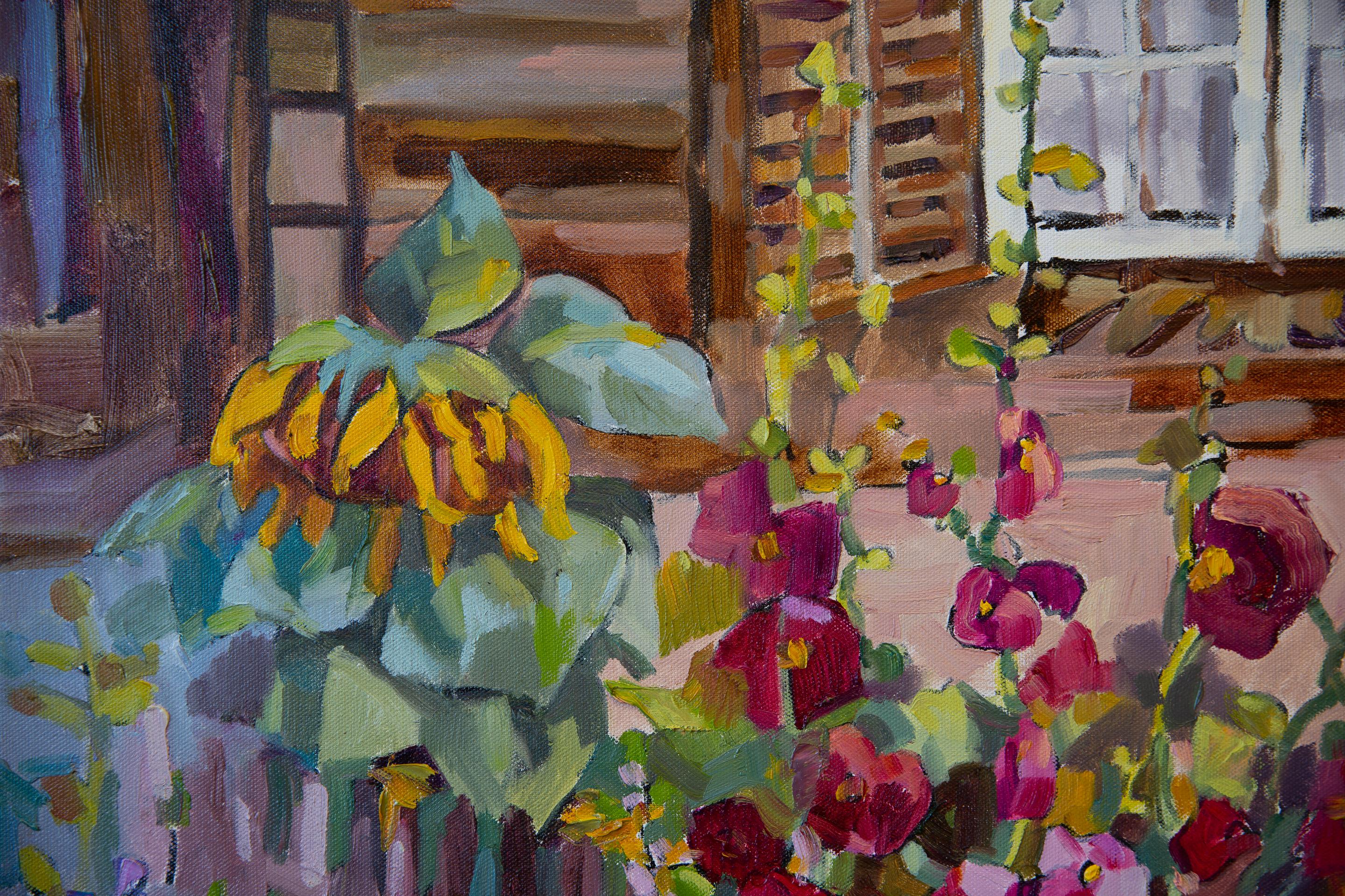 Garten. Ölgemälde, horizontal, floral, Blumen, rot, Dorf im Angebot 1