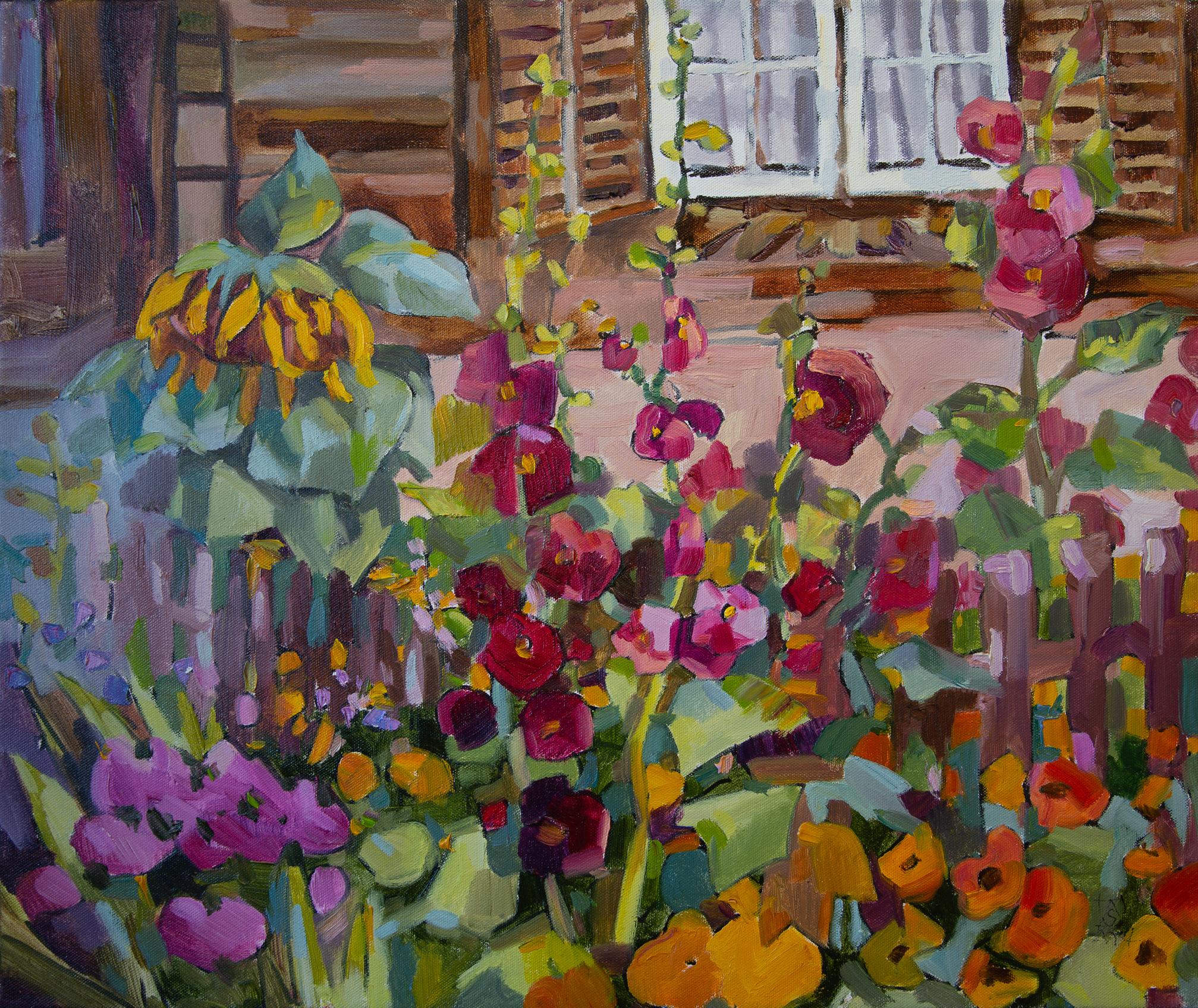 Anna Shesterikova Landscape Painting – Garten. Ölgemälde, horizontal, floral, Blumen, rot, Dorf