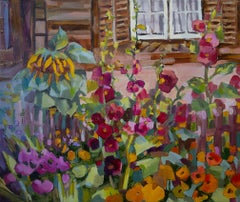 Jardin. peinture à l'huile, horizontal, floral, fleurs, rouge, village
