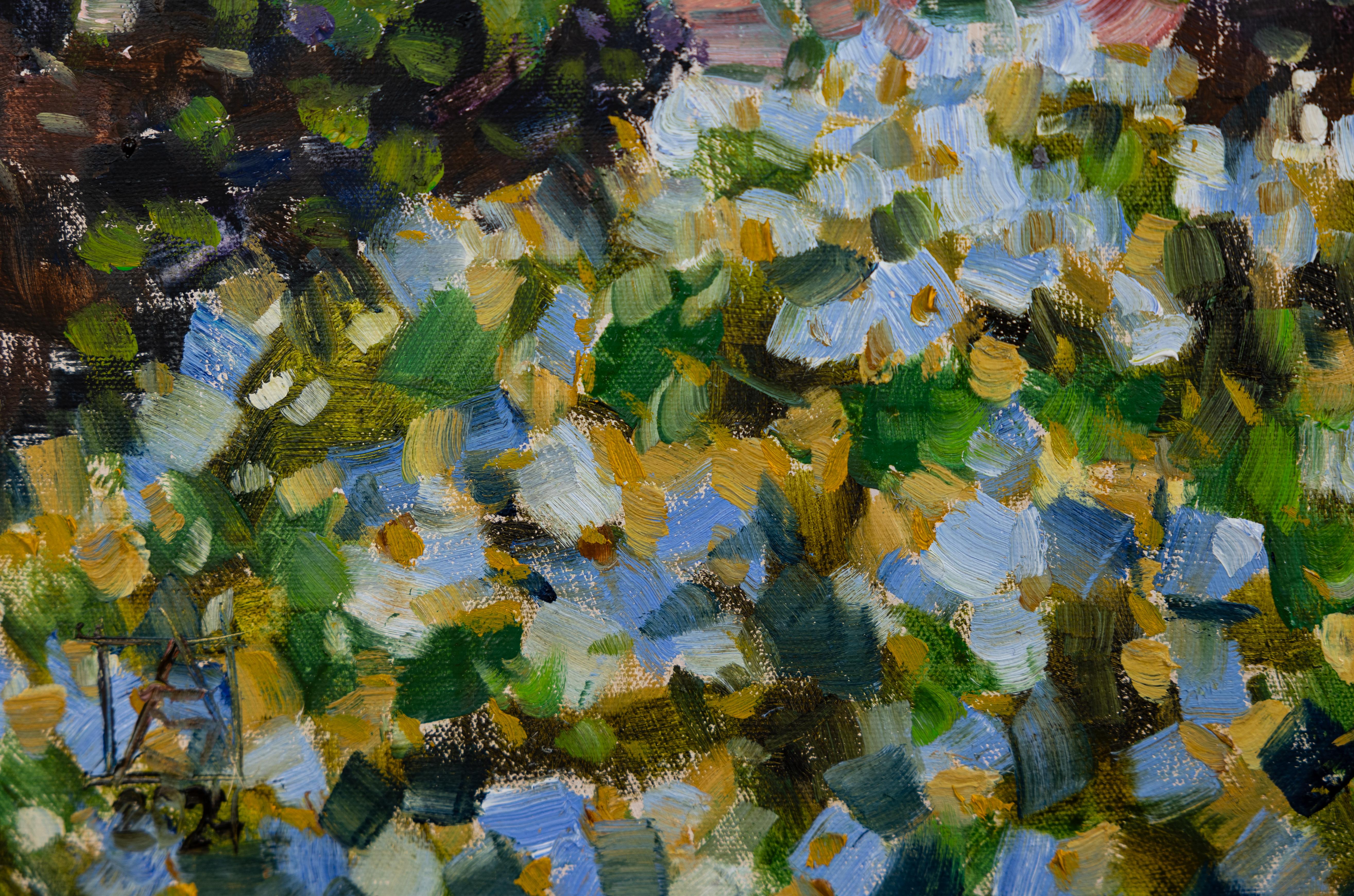 Gardens of Los Angeles. Landscape oil, flowers beauty house, California - Brown Landscape Painting by Anna Shesterikova