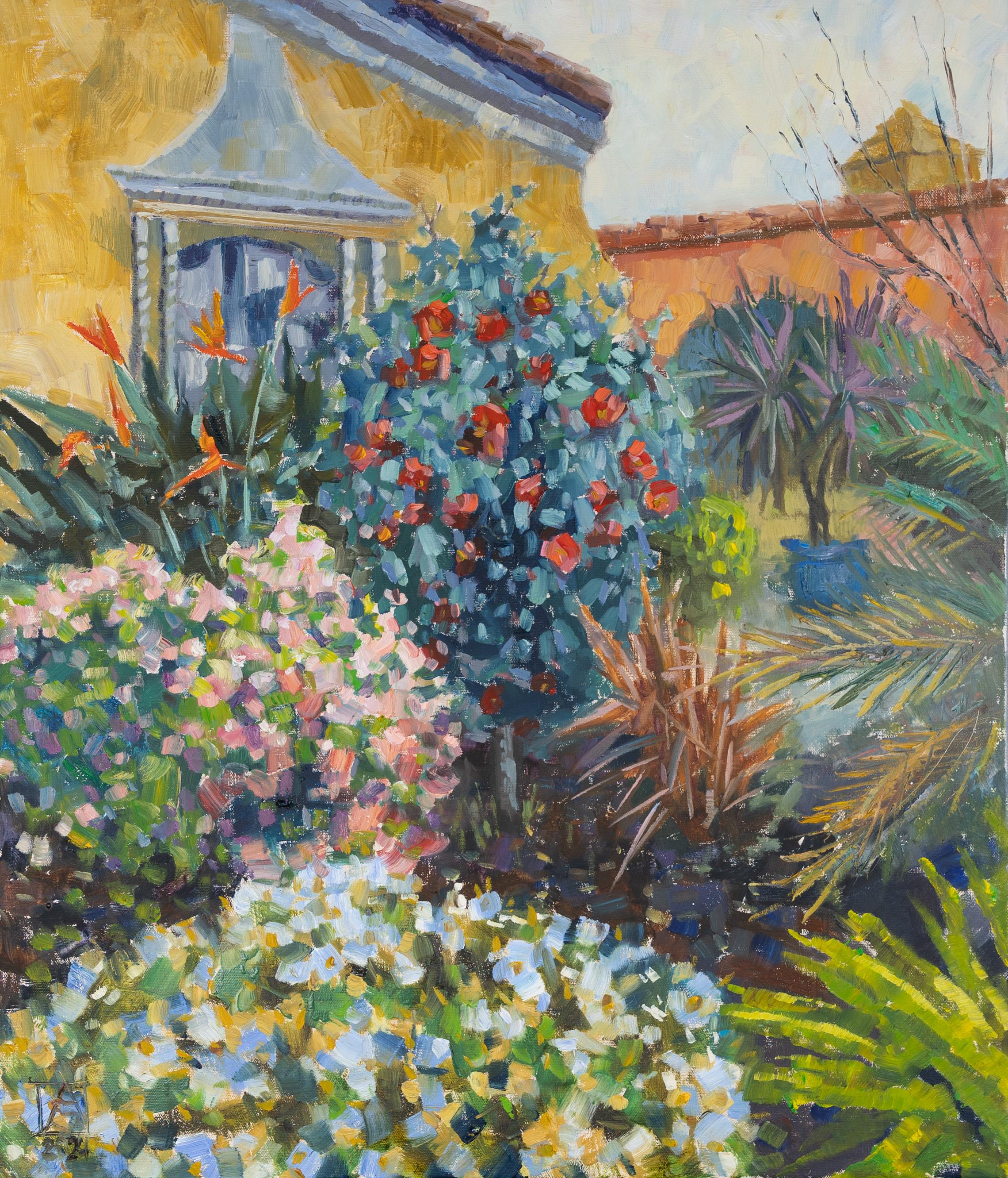 Anna Shesterikova Landscape Painting - Gardens of Los Angeles. Landscape oil, flowers beauty house, California