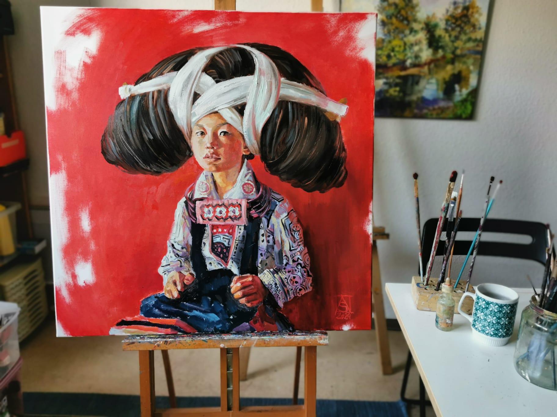 Ragazza della tribù Miao. Ritratto di un bambino in abito nazionale. Cina. Galleria d'arte - Painting Impressionismo di Anna Shesterikova