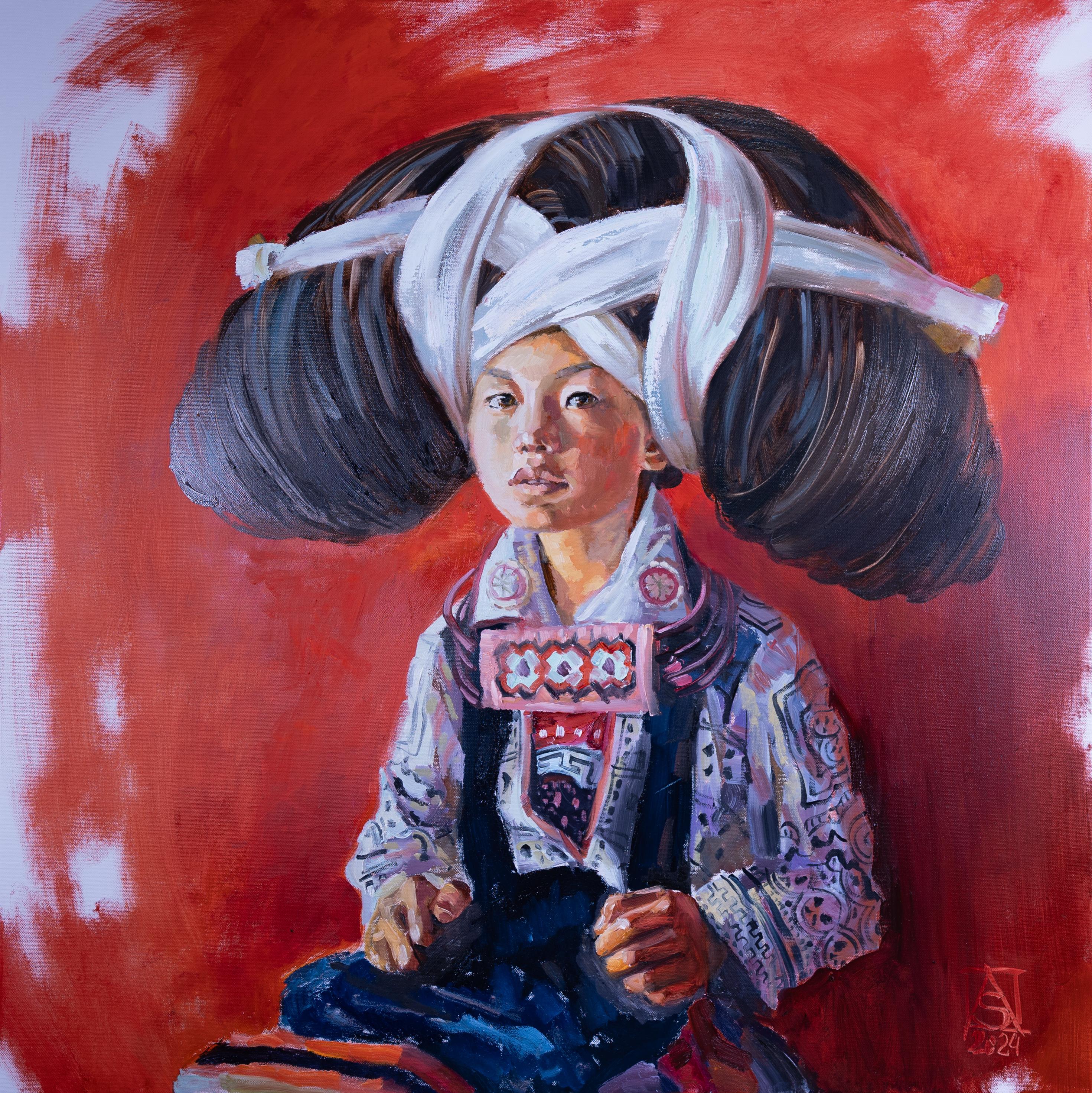 Anna Shesterikova Portrait Painting - Girl from Miao Tribe. Portrait, child, national dress. China.Contemporary art