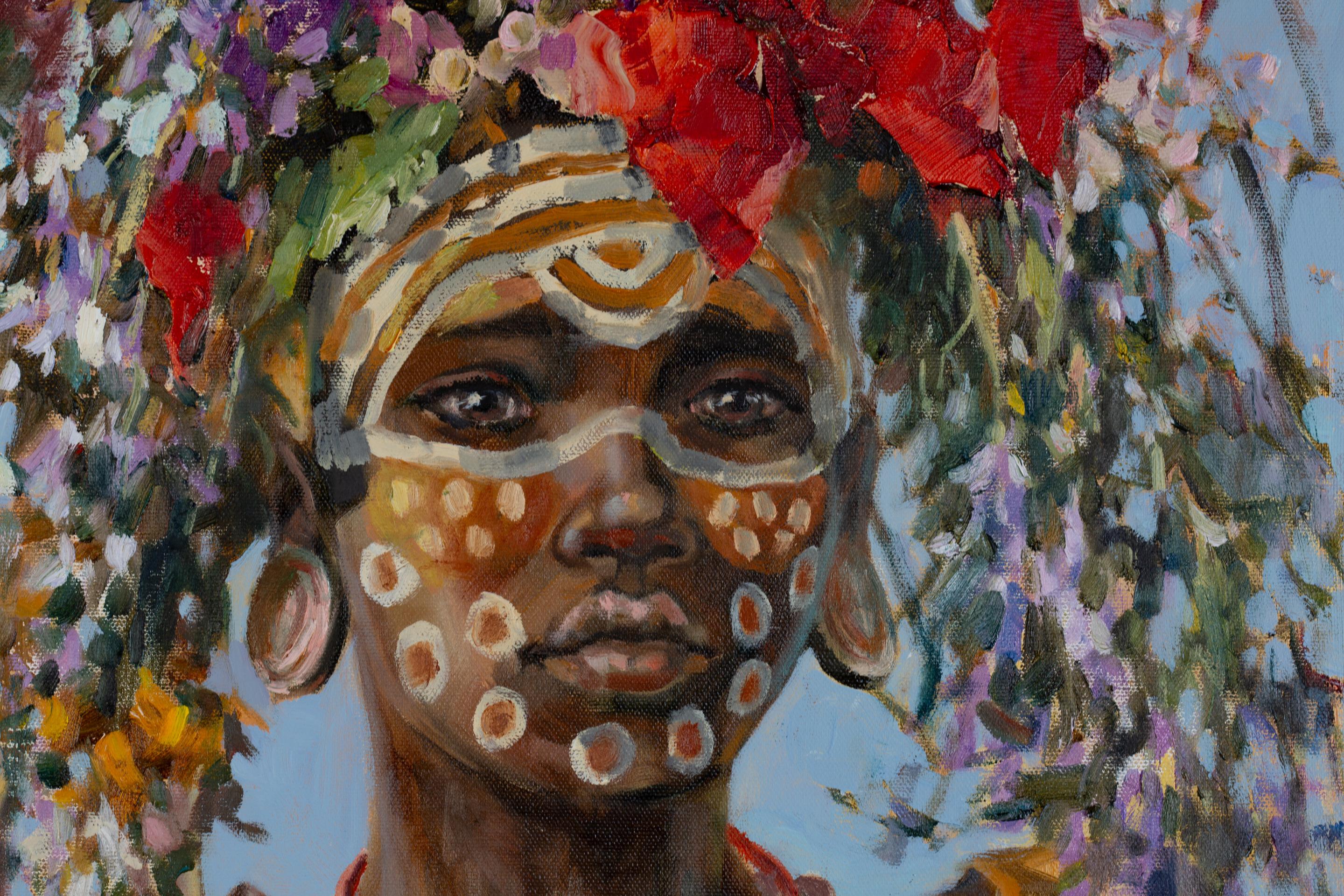 Girl from Surma People. Vertical, girl, portrait, oil painting, impressionism For Sale 15