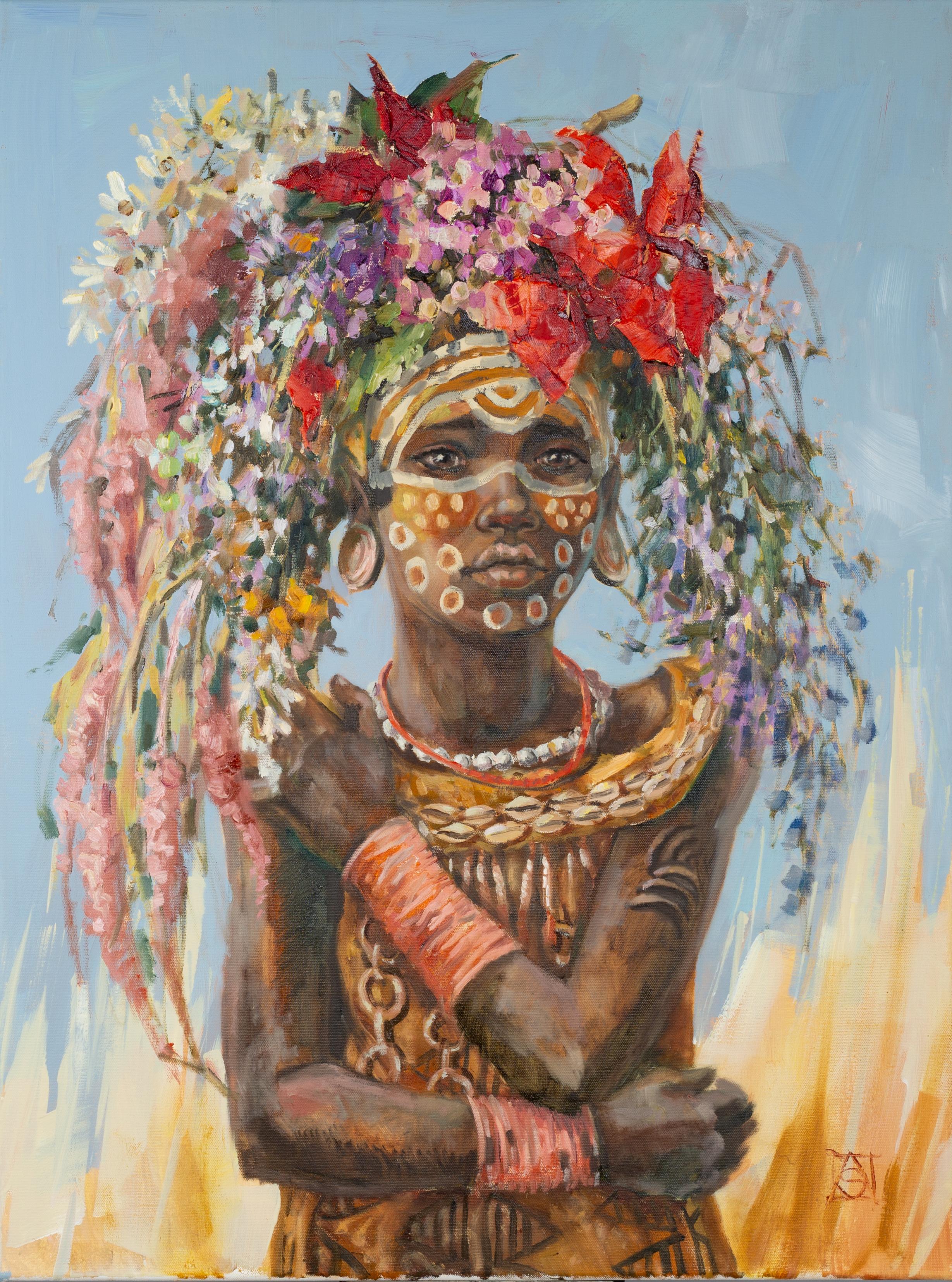 Anna Shesterikova Portrait Painting - Girl from Surma People. Vertical, girl, portrait, oil painting, impressionism