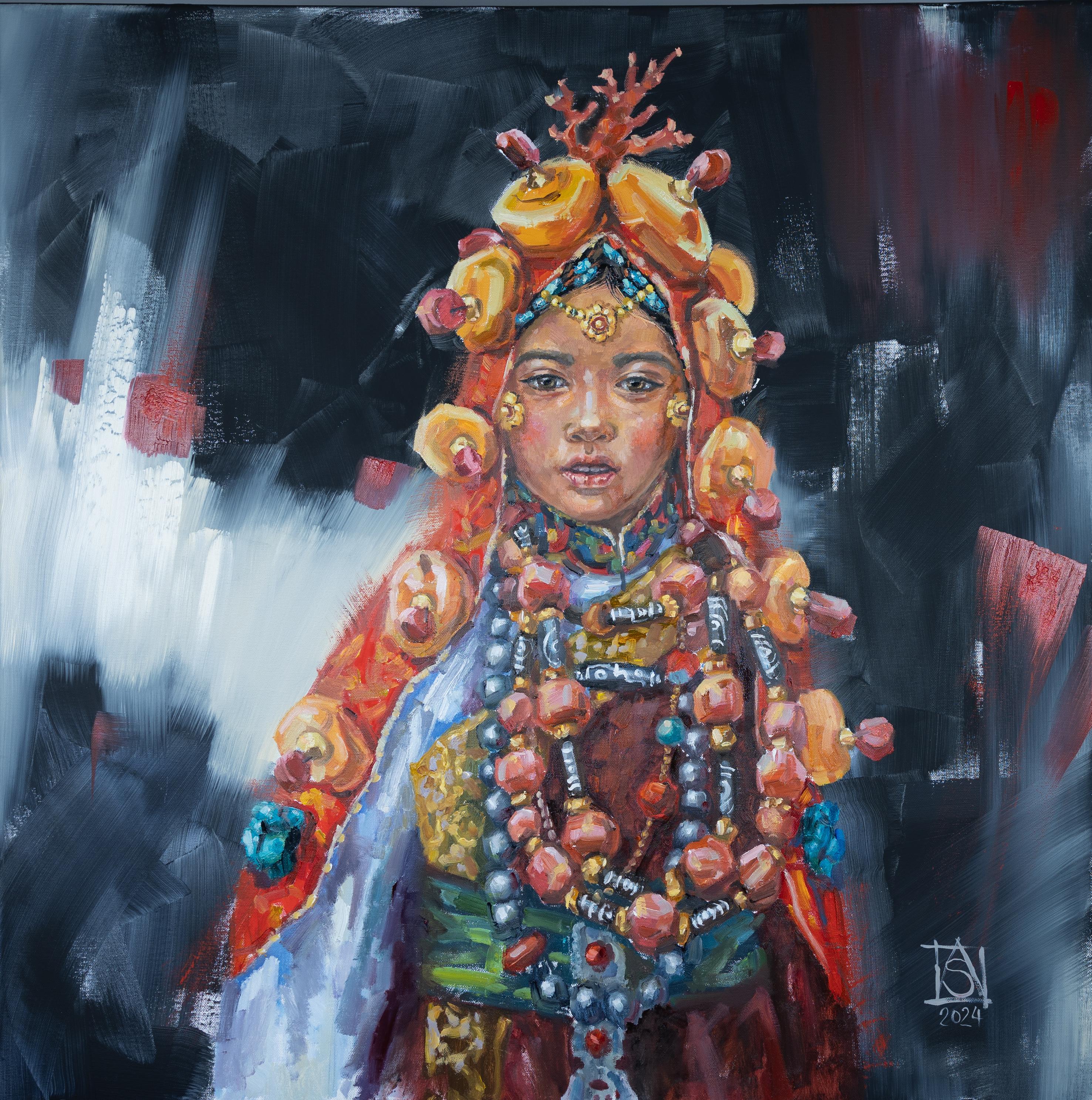 Portrait Painting de Anna Shesterikova - Chica del Tíbet. Retrato. Traje Nacional. Belleza. Moderna. Gran formato