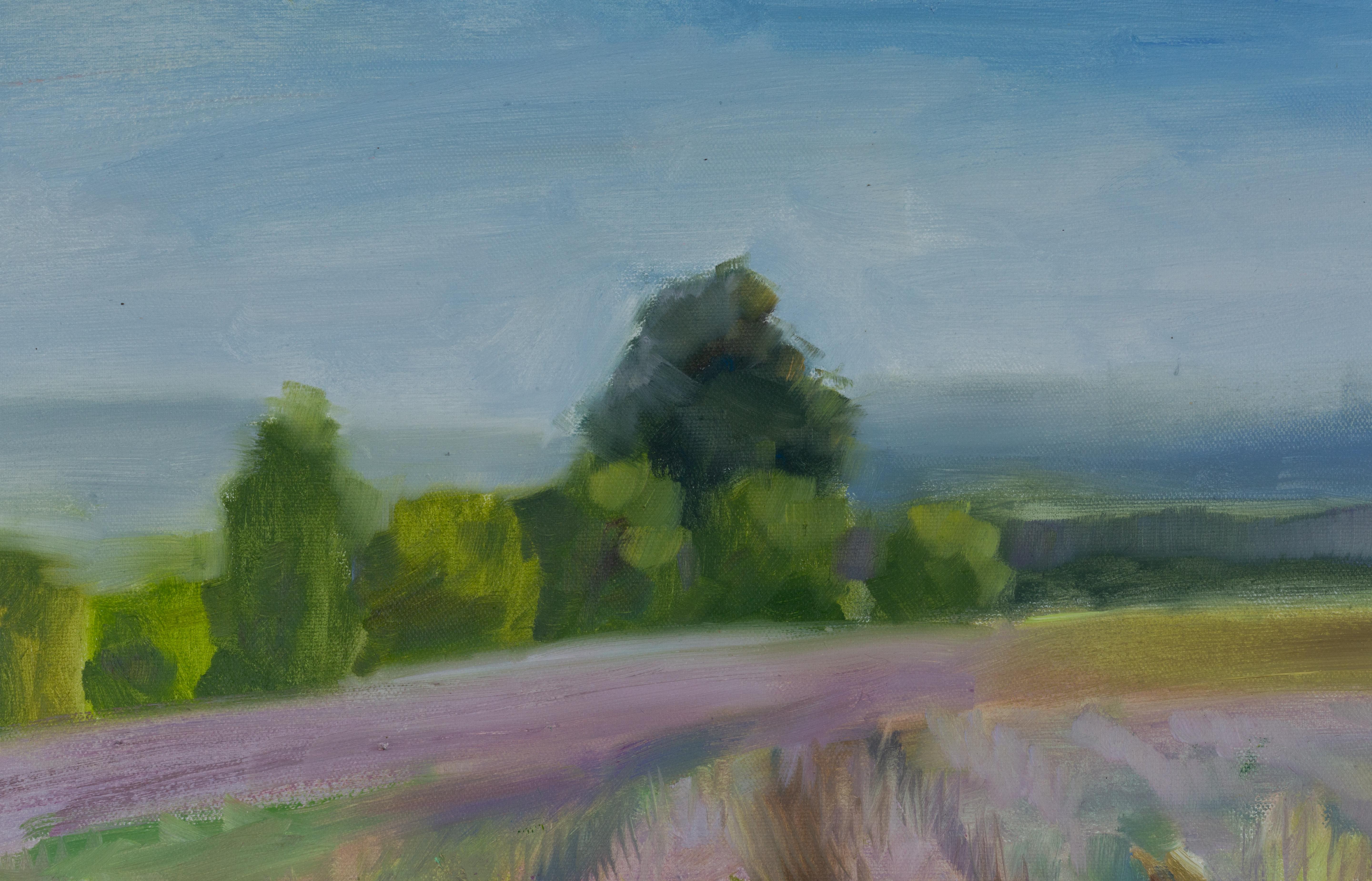Girl in a Lavender Field. Horizontal landscape, impressionism, flower, mountain. For Sale 5