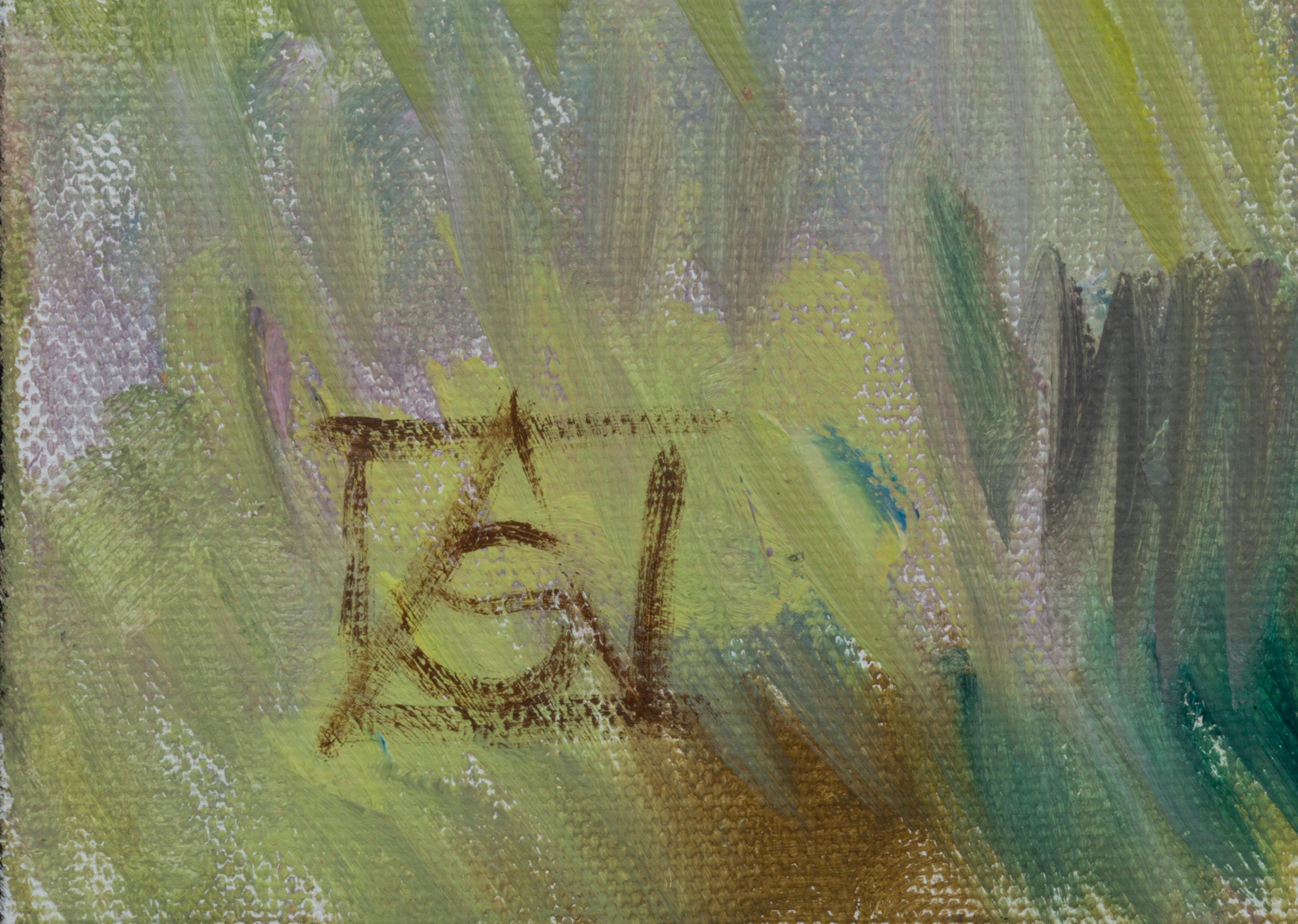 Girl in a Lavender Field. Horizontal landscape, impressionism, flower, mountain. For Sale 6