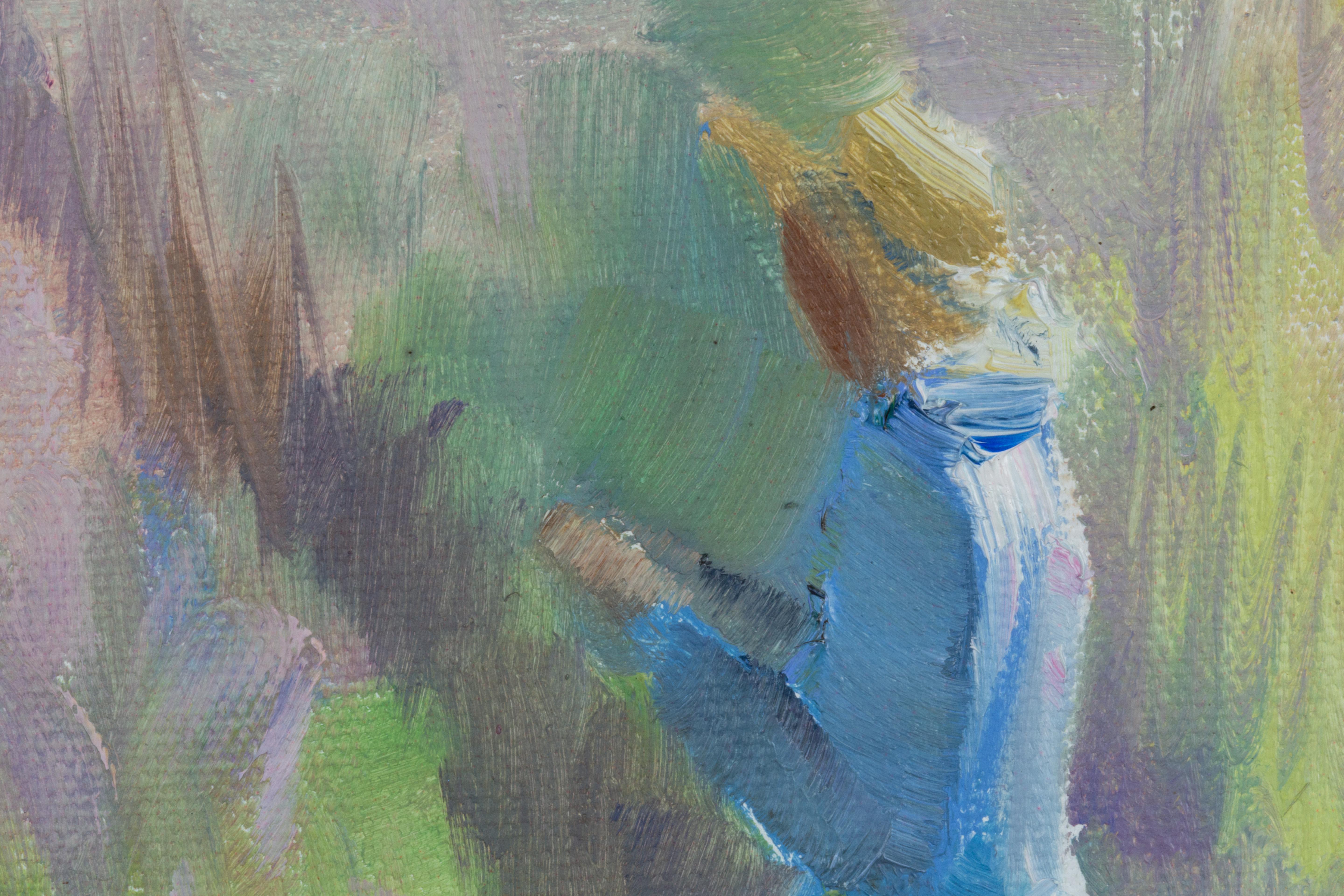 Mädchen in einem Lavendelfeld. Horizontale Landschaft, Impressionismus, Blume, Berg. im Angebot 7