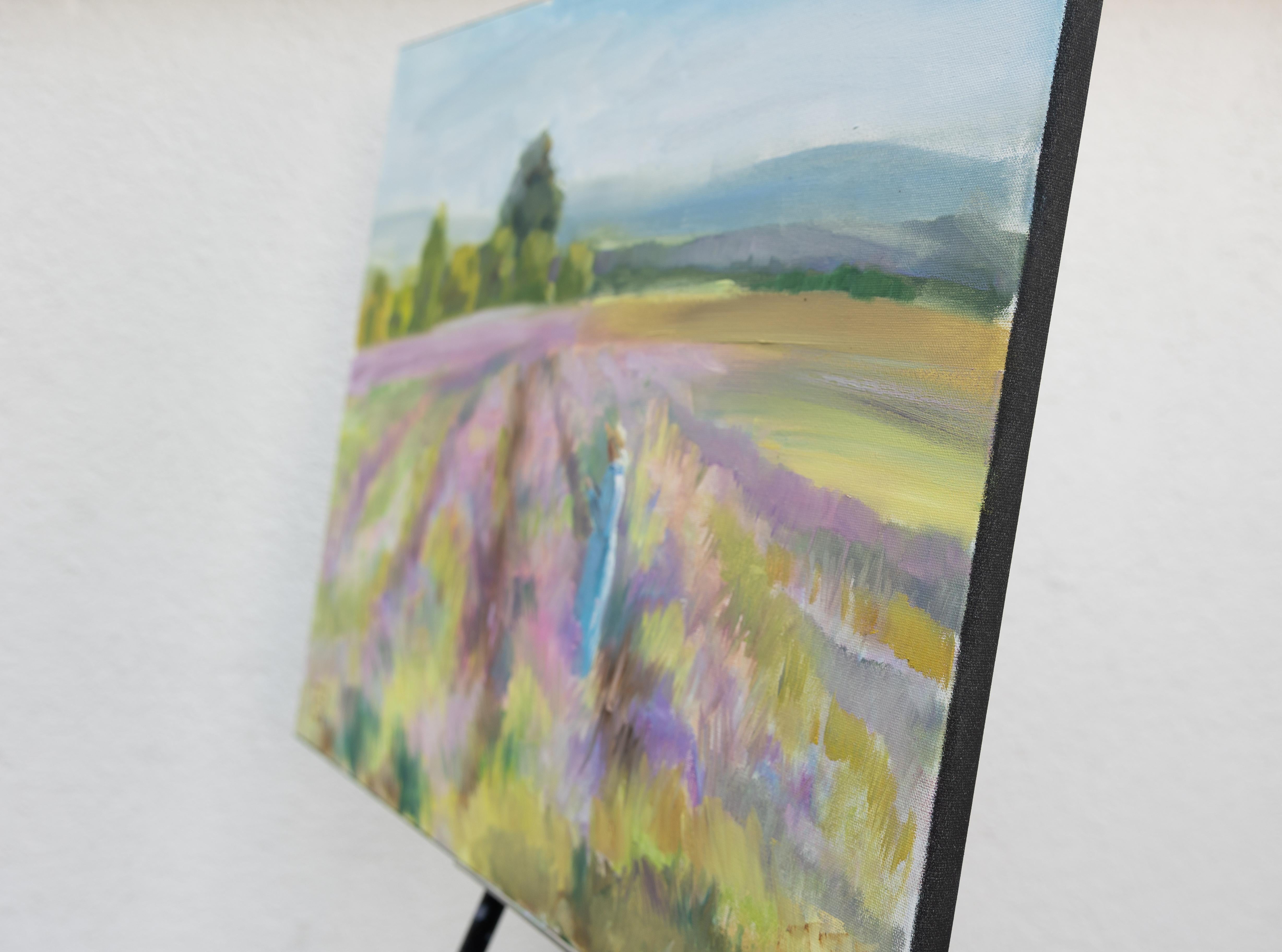 Girl in a Lavender Field. Horizontal landscape, impressionism, flower, mountain. - Painting by Anna Shesterikova