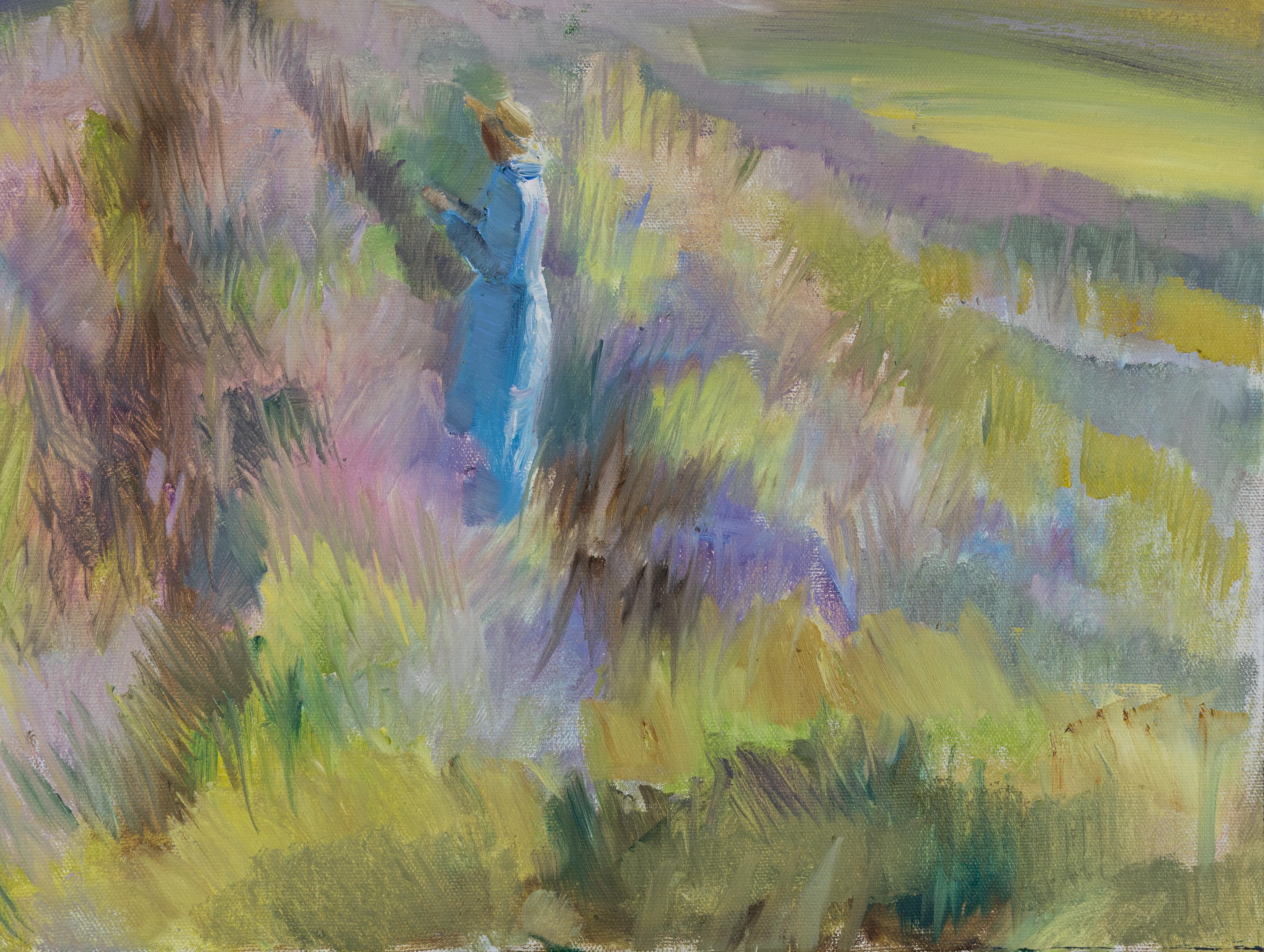 Girl in a Lavender Field. Horizontal landscape, impressionism, flower, mountain. - Gray Landscape Painting by Anna Shesterikova