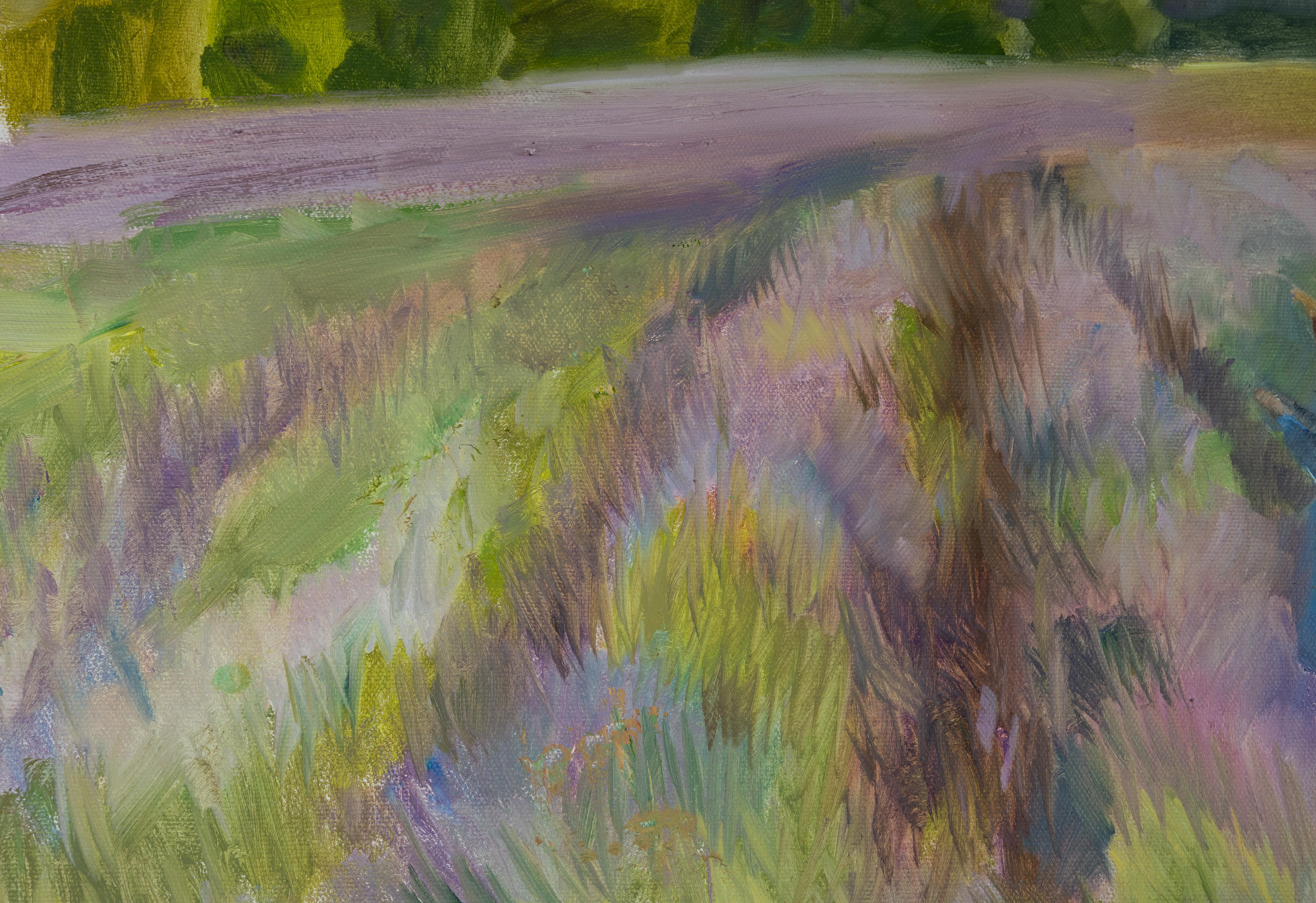 Girl in a Lavender Field. Horizontal landscape, impressionism, flower, mountain. For Sale 1