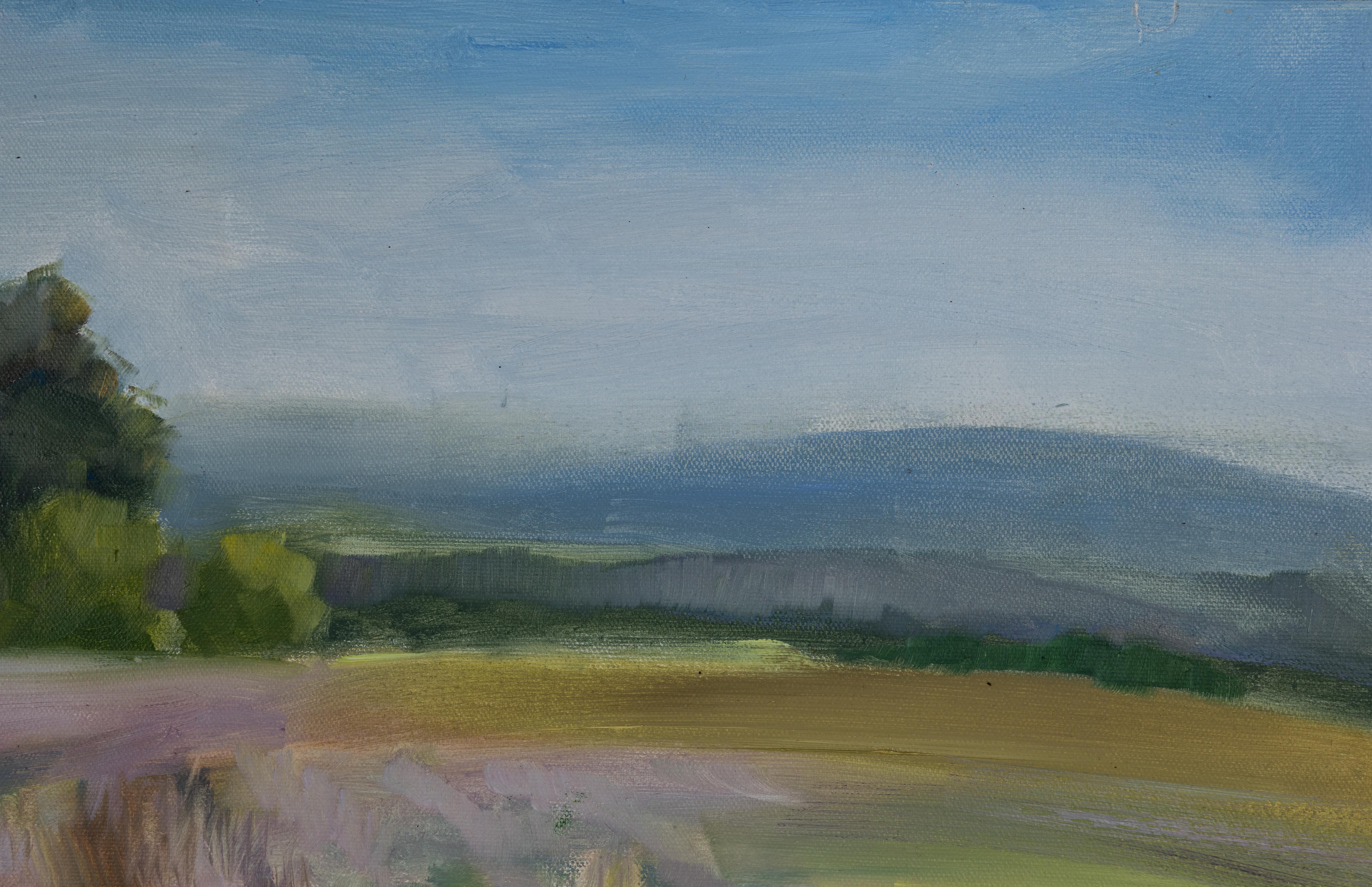 Girl in a Lavender Field. Horizontal landscape, impressionism, flower, mountain. For Sale 2