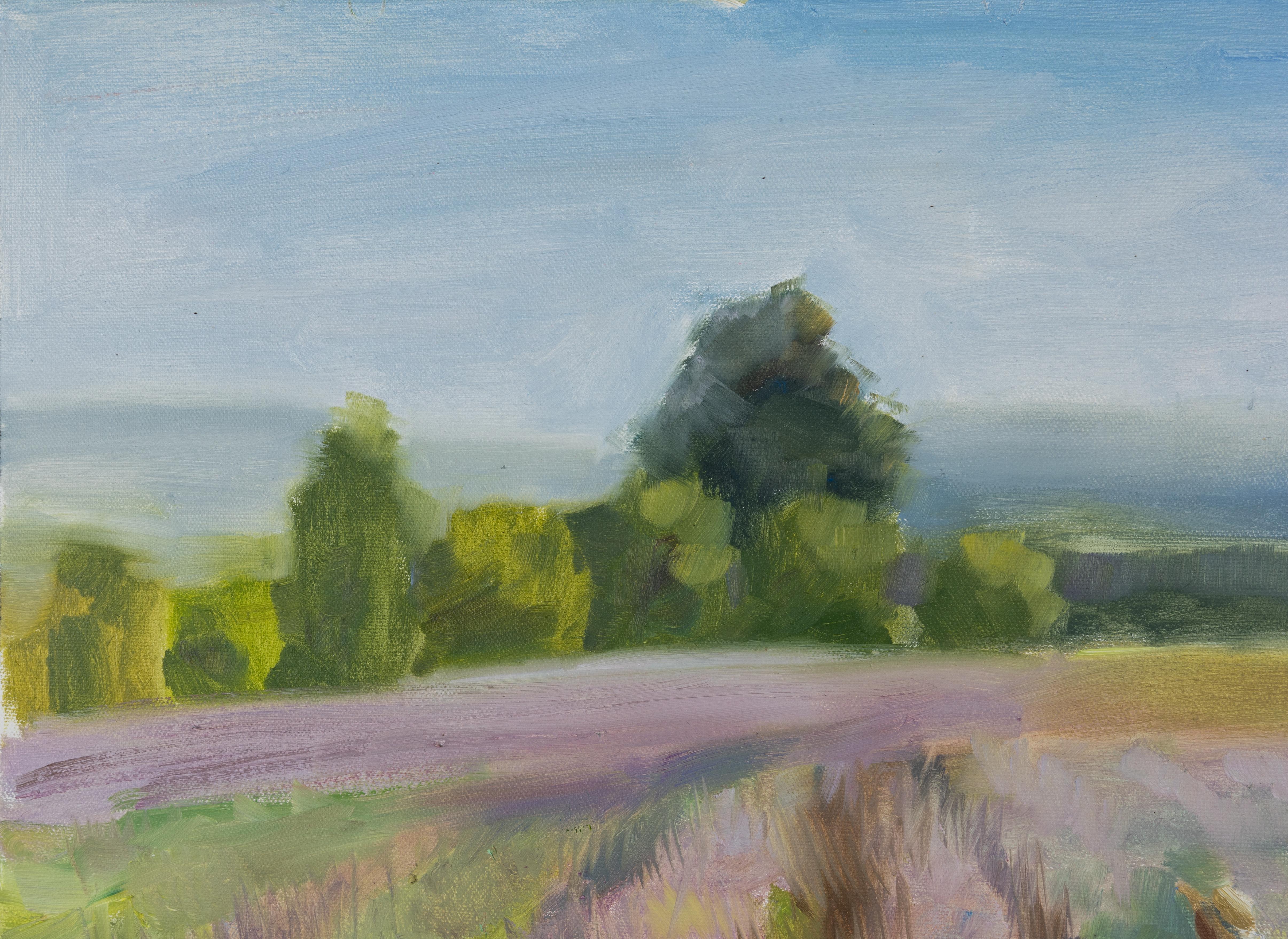 Girl in a Lavender Field. Horizontal landscape, impressionism, flower, mountain. For Sale 3