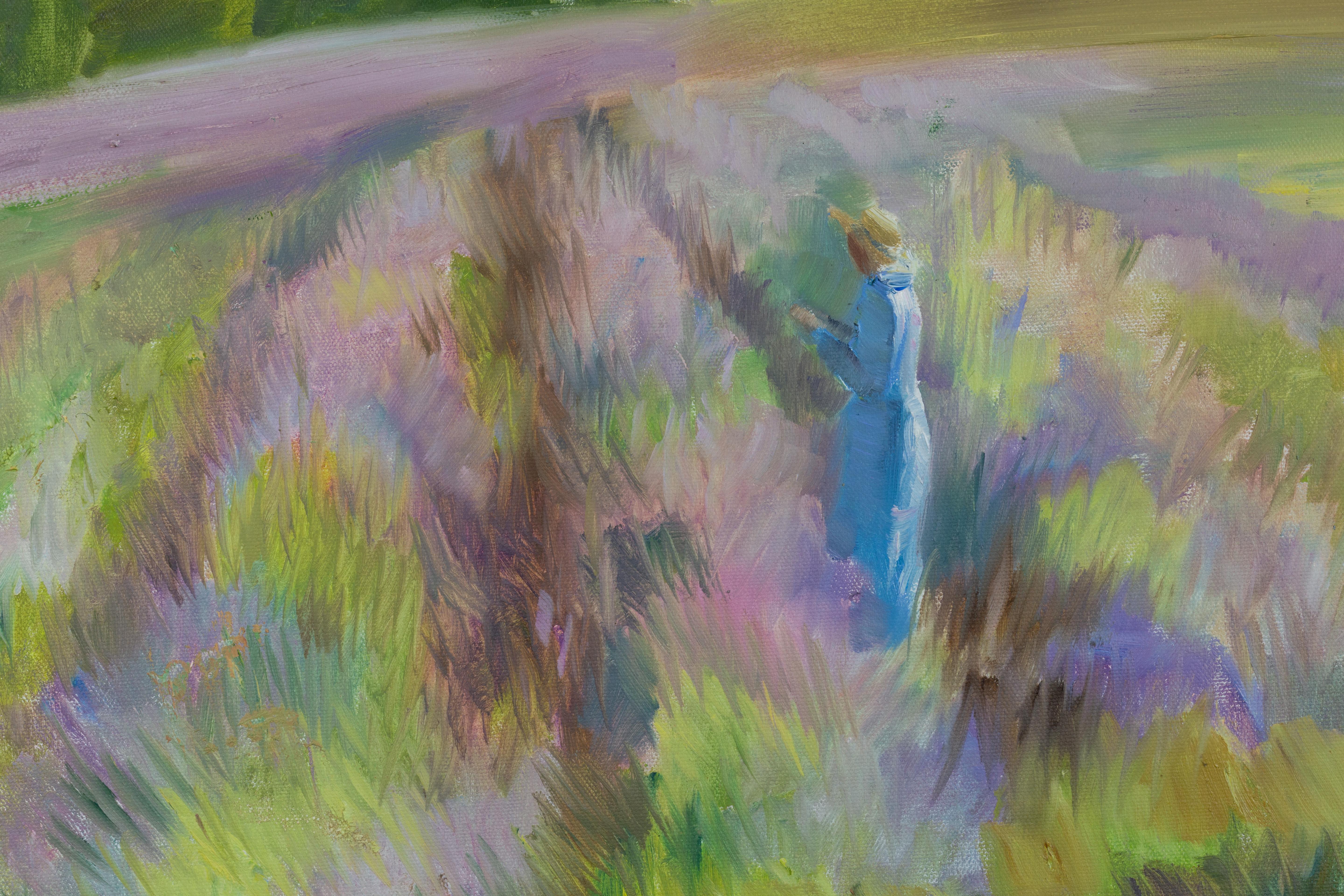 Girl in a Lavender Field. Horizontal landscape, impressionism, flower, mountain. For Sale 4