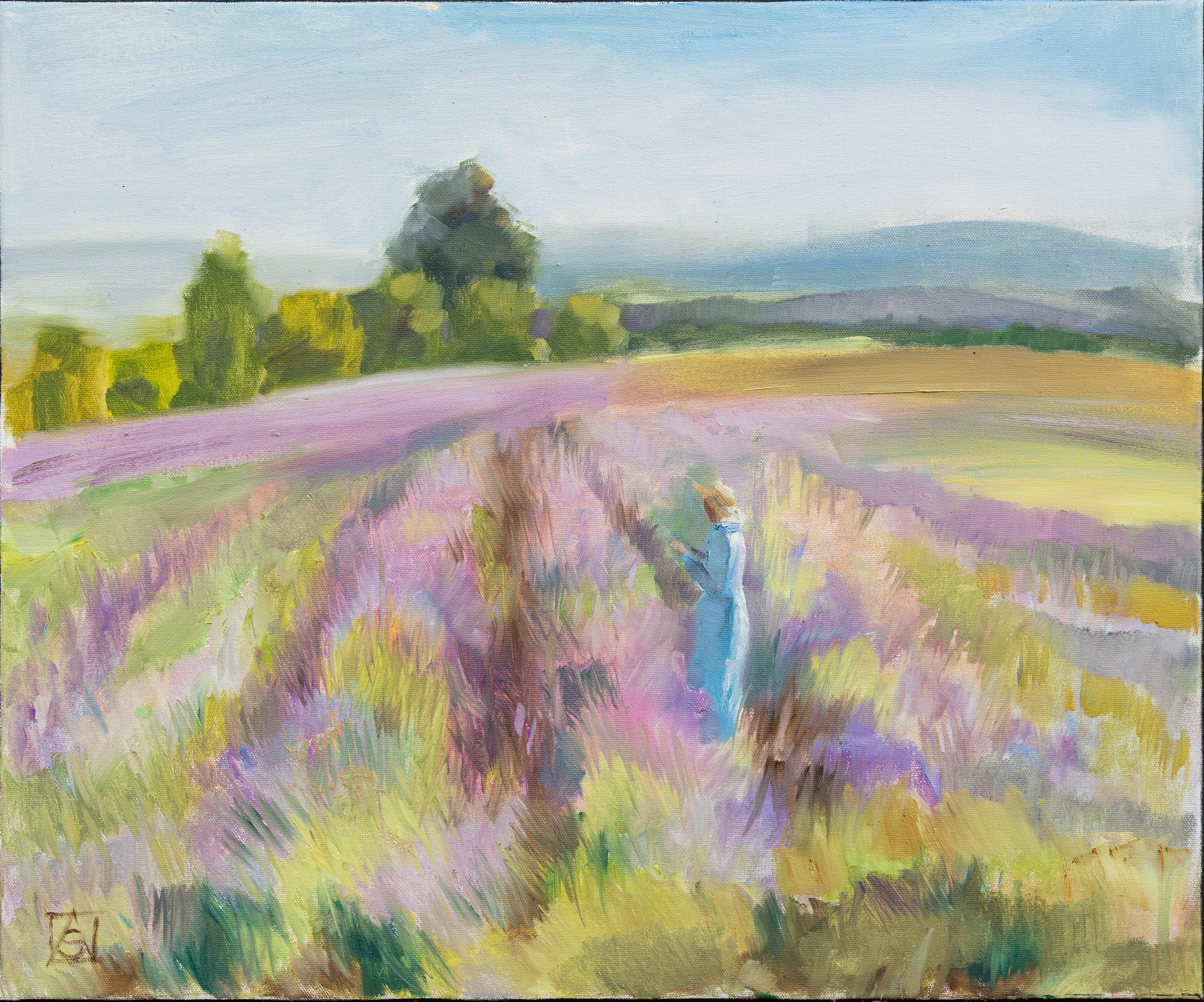 Anna Shesterikova Landscape Painting - Girl in a Lavender Field. Horizontal landscape, impressionism, flower, mountain.