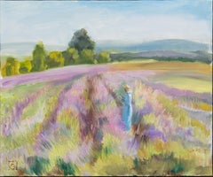 Girl in a Lavender Field. Horizontal landscape, impressionism, flower, mountain.