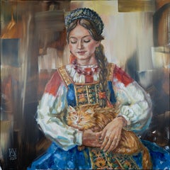 Girl with a Red Cat. Portrait of a girl. National costume. Beauty. Modern. Large