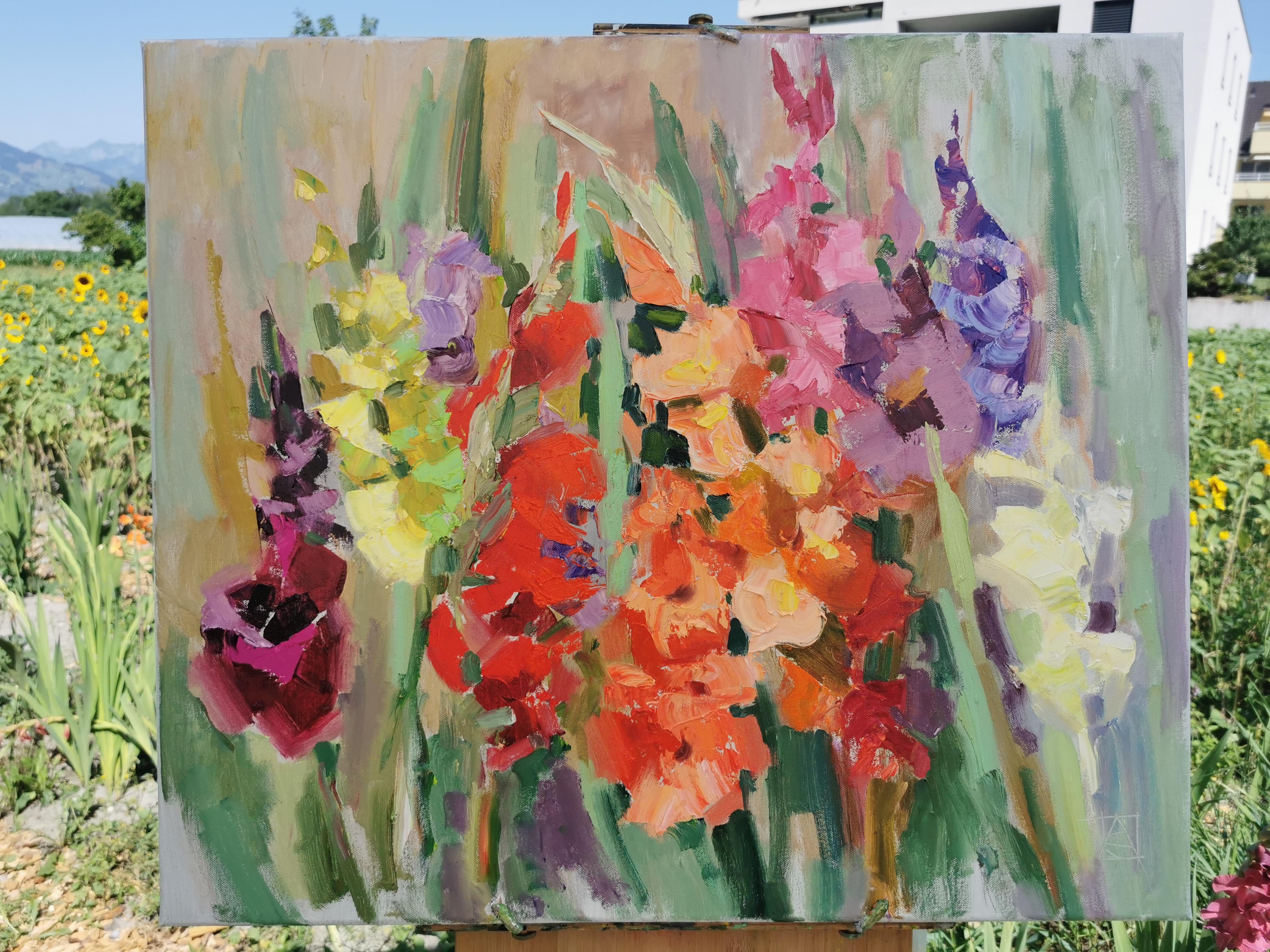 Gladioli. Horizontal, impressionism, landscape, oil, bright flowers, floral For Sale 6