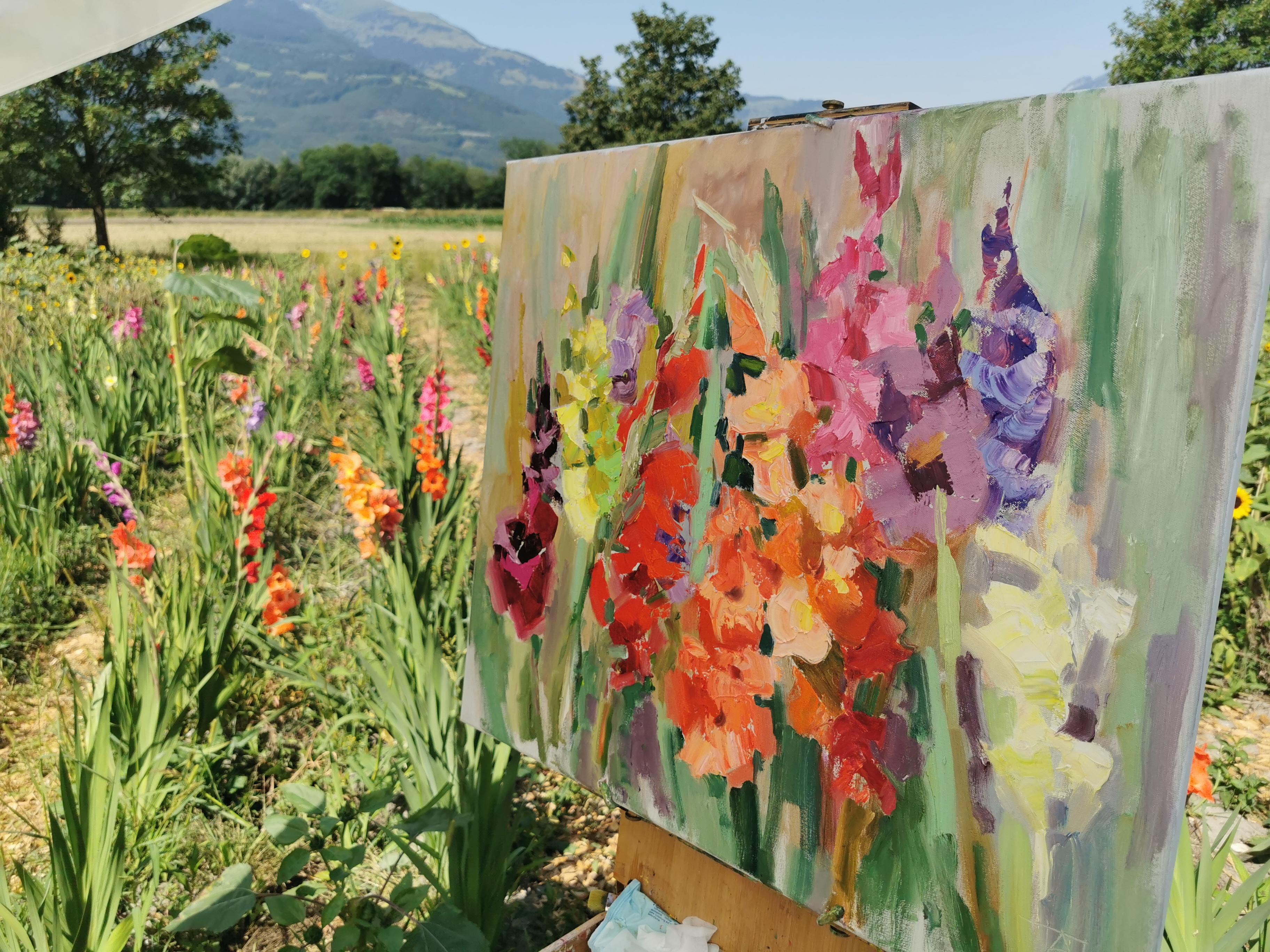 Gladioli. Horizontal, impressionism, landscape, oil, bright flowers, floral For Sale 7