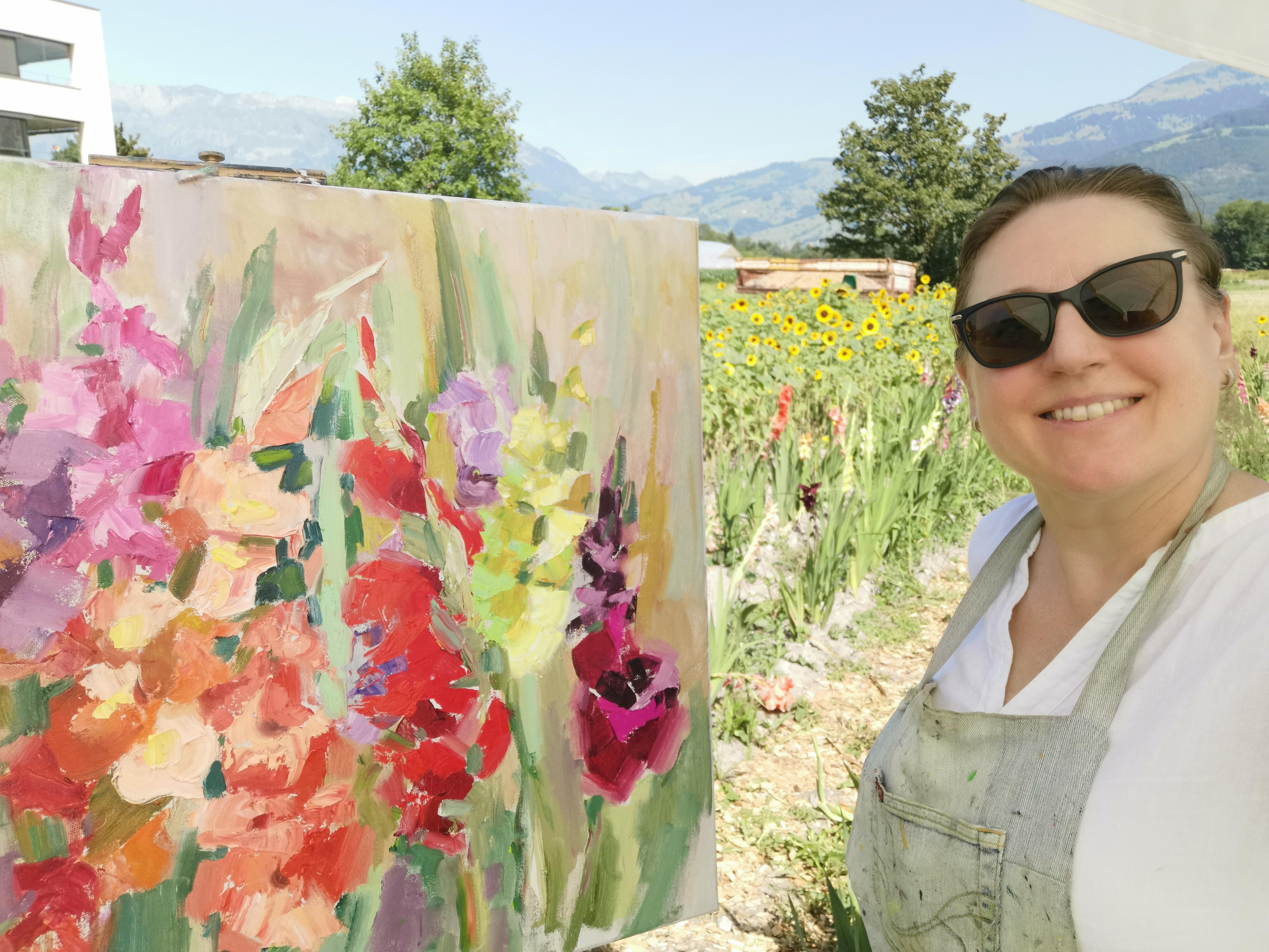 Gladioli. Horizontal, impressionism, landscape, oil, bright flowers, floral For Sale 8