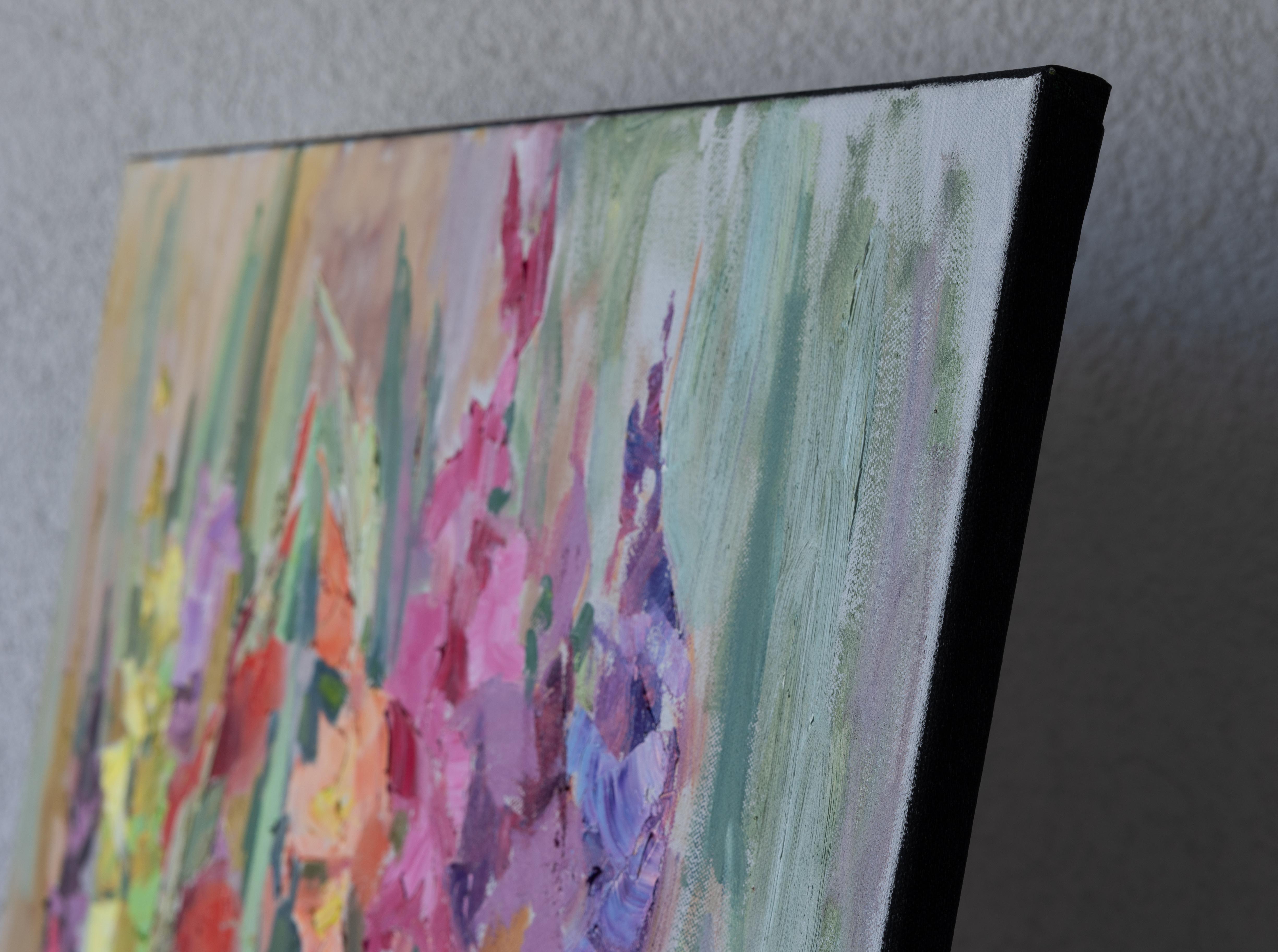 Gladioli. Horizontal, impressionism, landscape, oil, bright flowers, floral - Painting by Anna Shesterikova