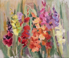 Gladioli. Horizontal, impressionism, landscape, oil, bright flowers, floral