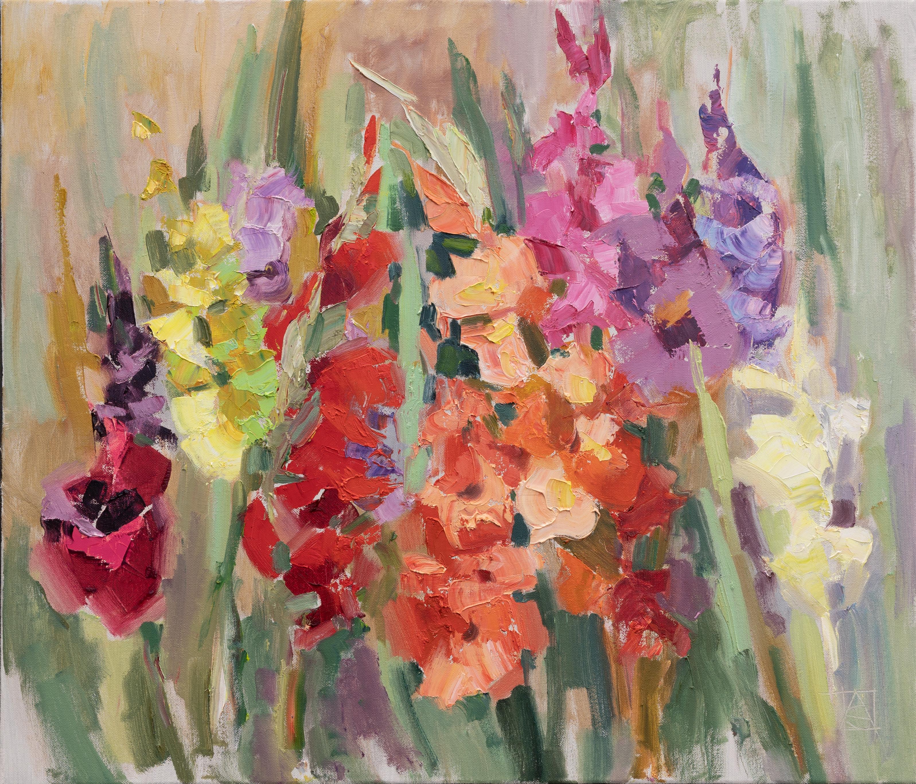 Gladioli. Horizontal, impressionism, landscape, oil, bright flowers, floral