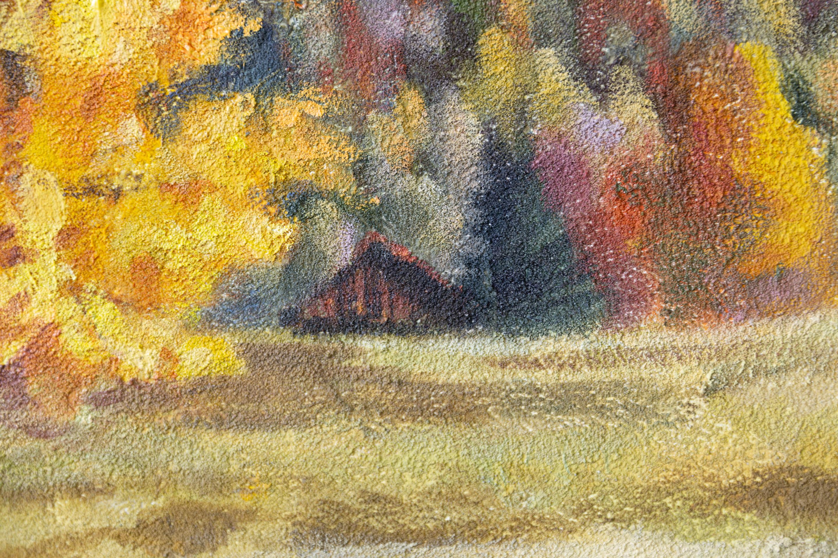 Golden Autumn. Landscape, acrylic, impressionism, horizontal, mountains For Sale 5