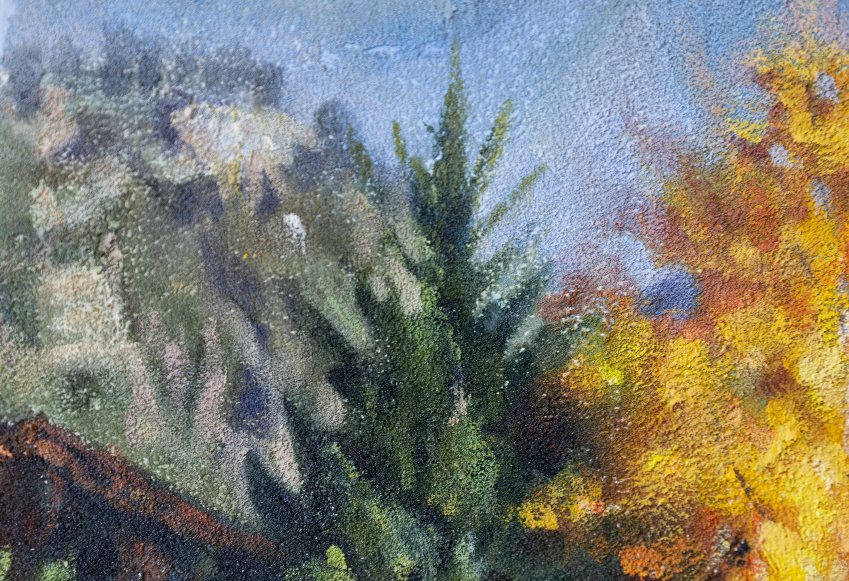 Golden Autumn. Landscape, acrylic, impressionism, horizontal, mountains For Sale 6