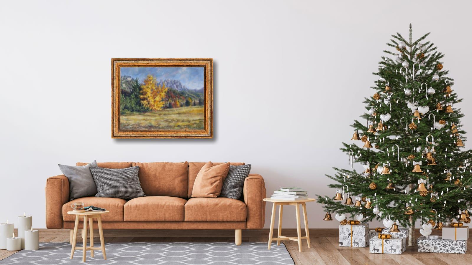 Goldener Herbst. Landschaft, Acryl, Impressionismus, horizontal, Berge im Angebot 7
