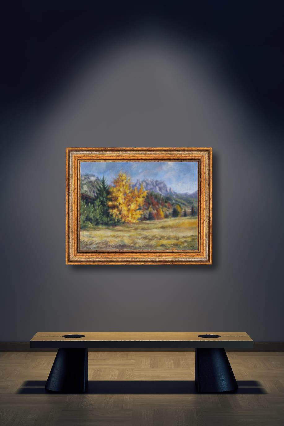 Goldener Herbst. Landschaft, Acryl, Impressionismus, horizontal, Berge im Angebot 8