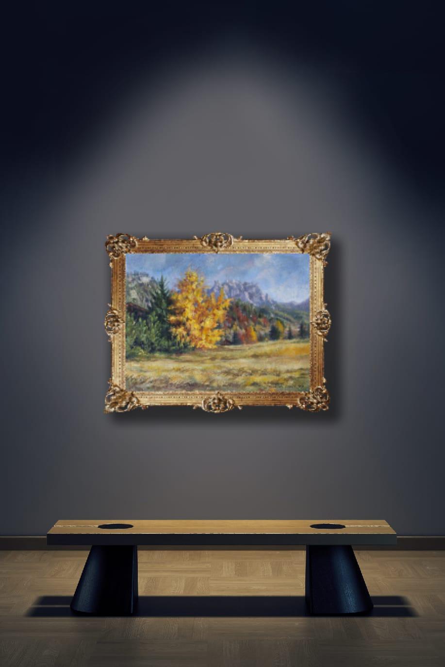 Goldener Herbst. Landschaft, Acryl, Impressionismus, horizontal, Berge im Angebot 9