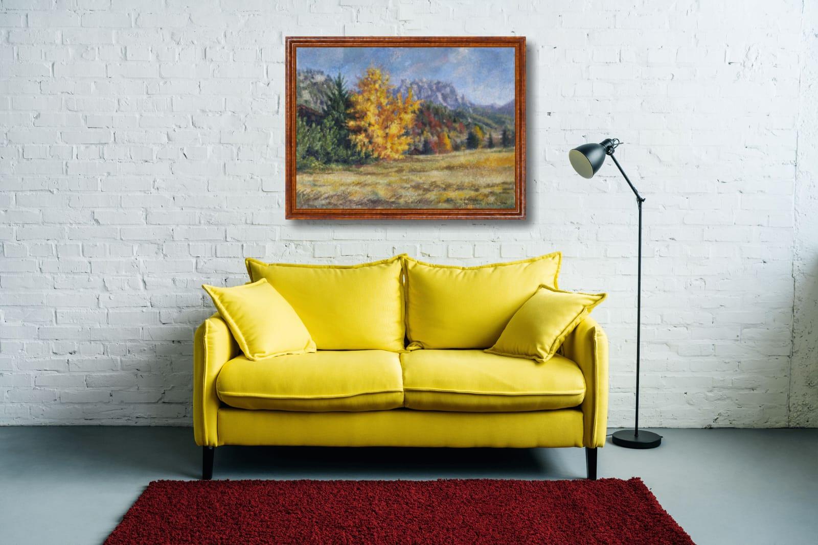 Goldener Herbst. Landschaft, Acryl, Impressionismus, horizontal, Berge im Angebot 10