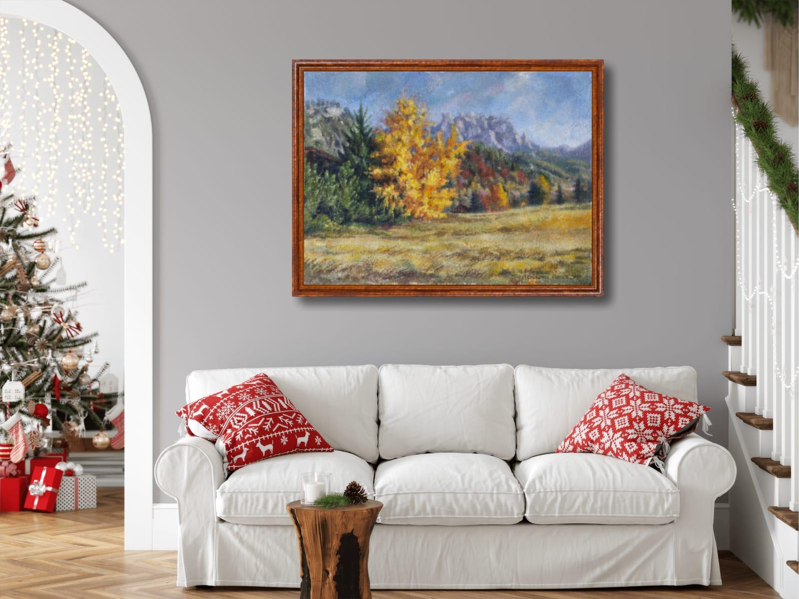 Goldener Herbst. Landschaft, Acryl, Impressionismus, horizontal, Berge im Angebot 11
