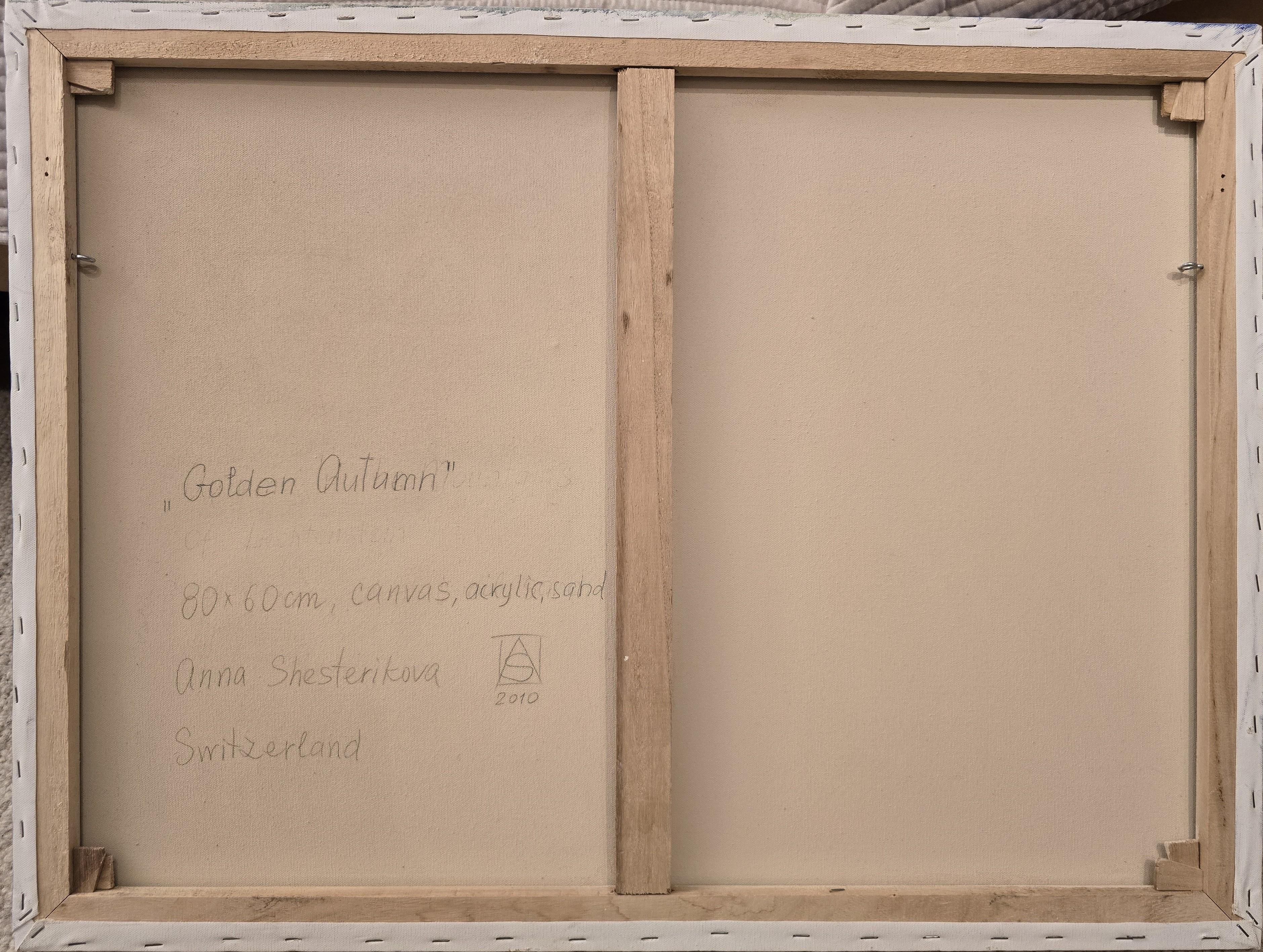 Goldener Herbst. Landschaft, Acryl, Impressionismus, horizontal, Berge im Angebot 12