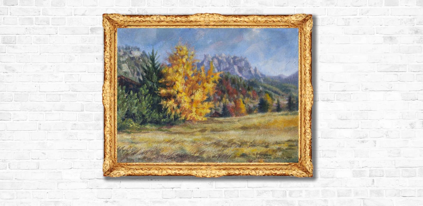 Goldener Herbst. Landschaft, Acryl, Impressionismus, horizontal, Berge im Angebot 13