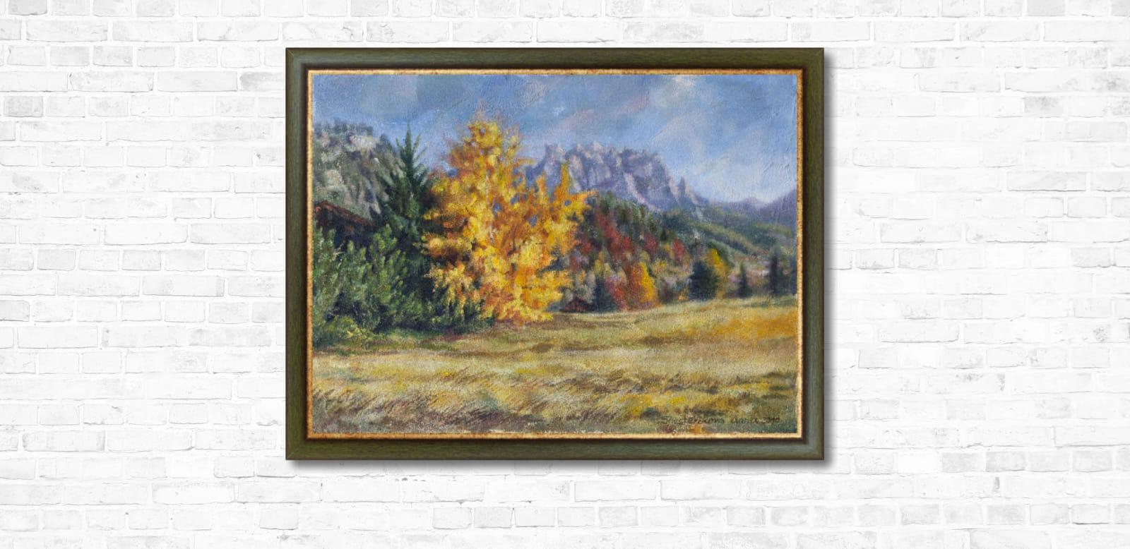 Goldener Herbst. Landschaft, Acryl, Impressionismus, horizontal, Berge im Angebot 14