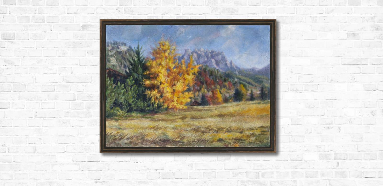 Goldener Herbst. Landschaft, Acryl, Impressionismus, horizontal, Berge im Angebot 15