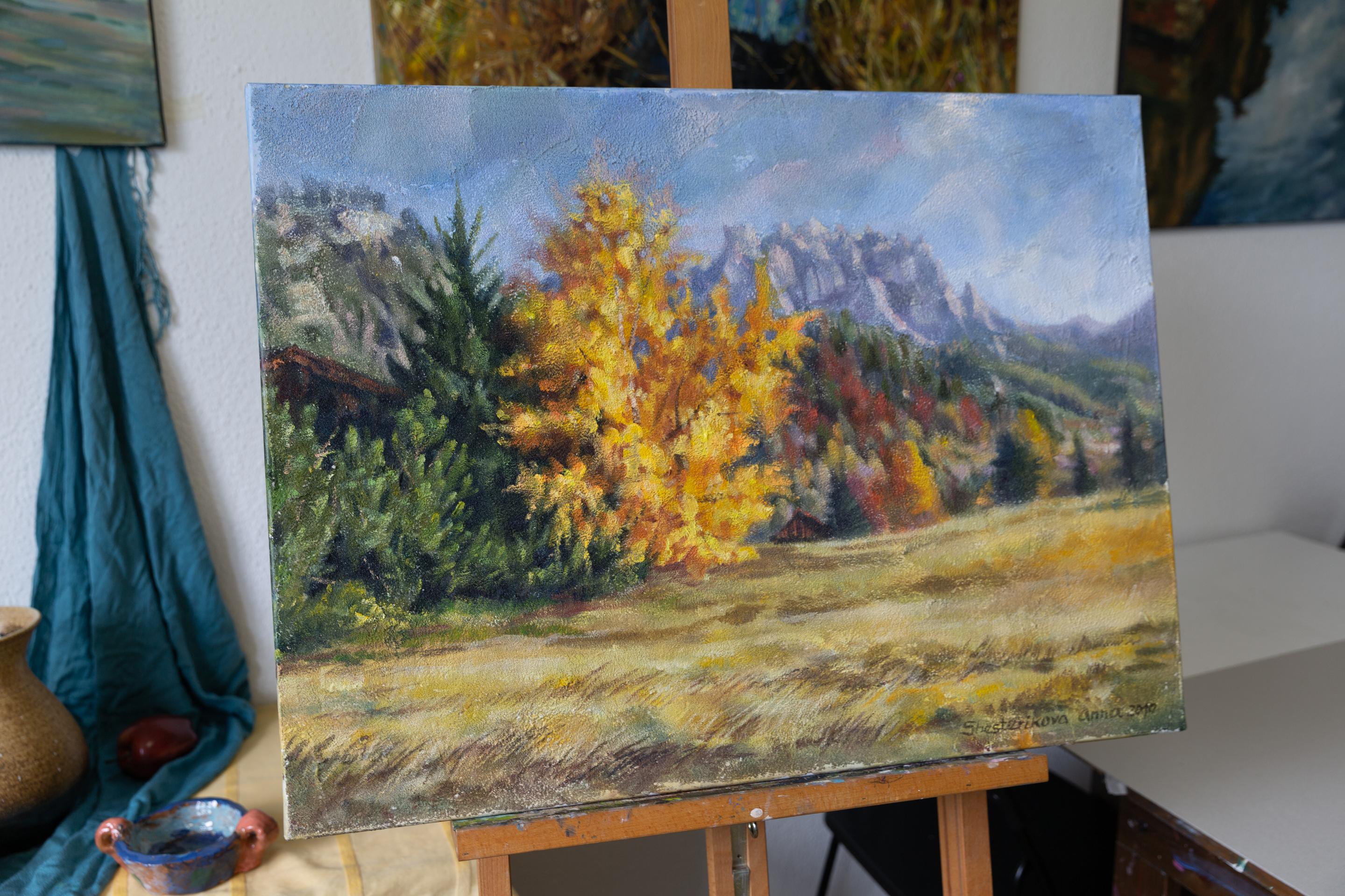 Golden Autumn. Landscape, acrylic, impressionism, horizontal, mountains - Post-Impressionist Painting by Anna Shesterikova