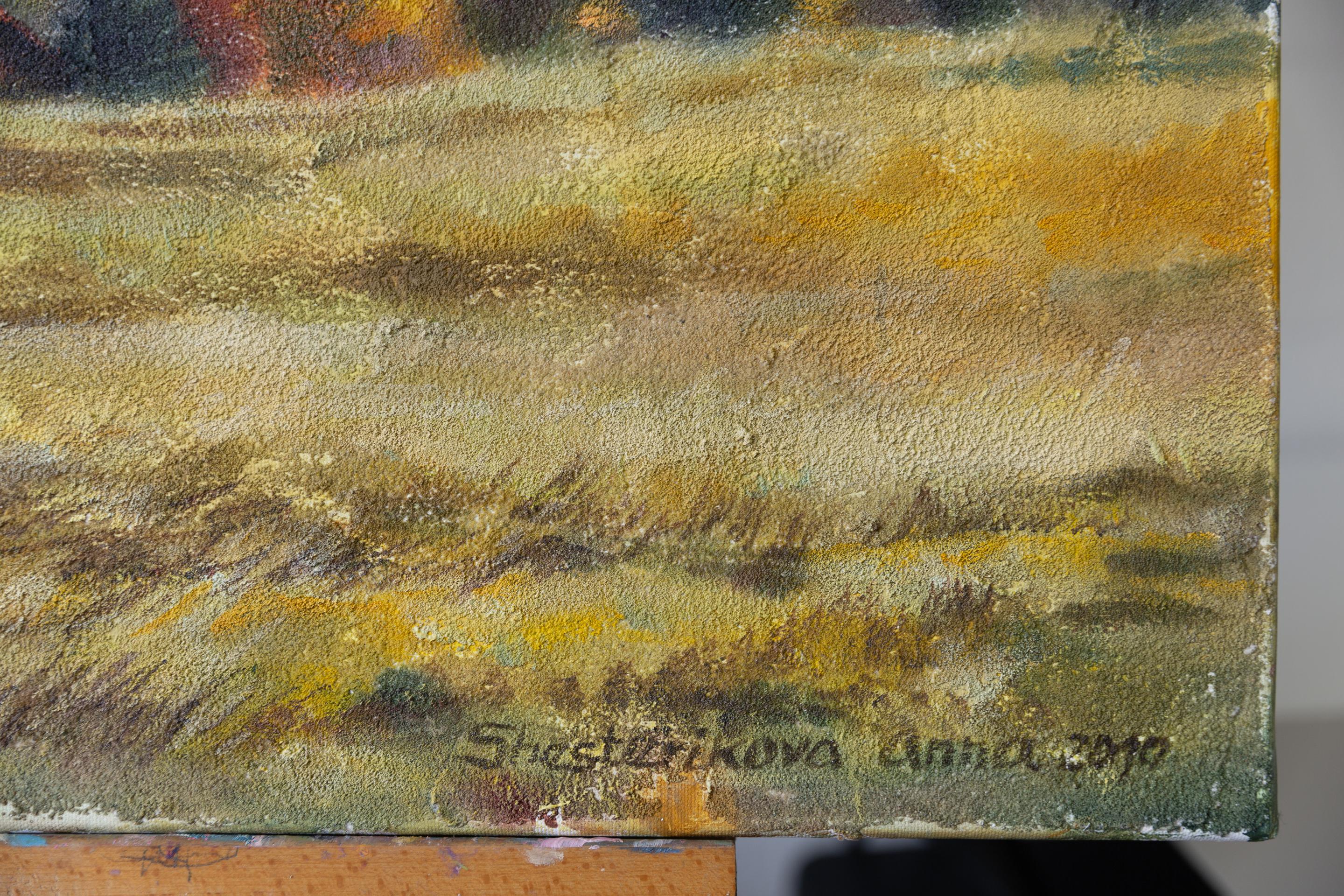 Goldener Herbst. Landschaft, Acryl, Impressionismus, horizontal, Berge (Braun), Landscape Painting, von Anna Shesterikova