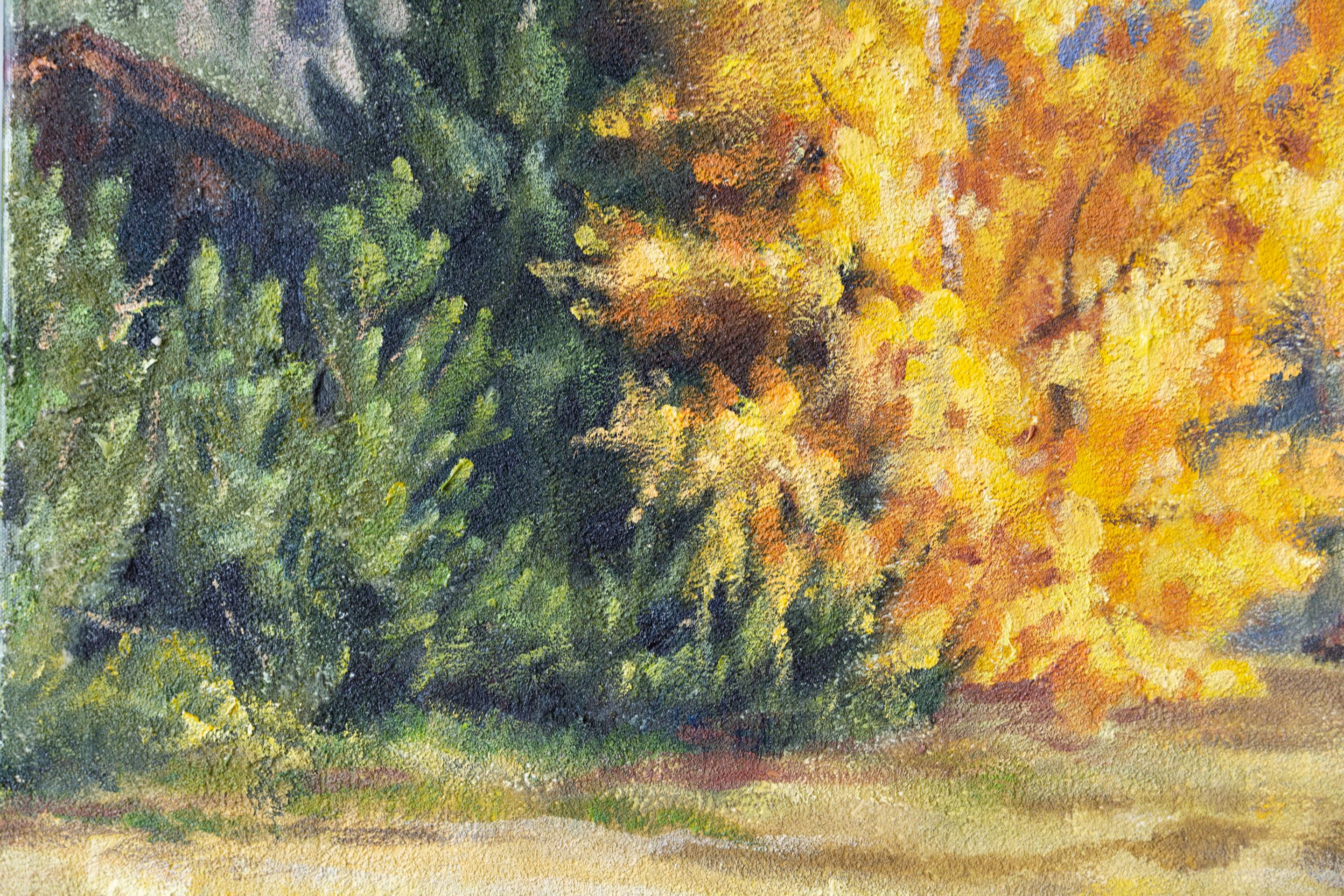 Golden Autumn. Landscape, acrylic, impressionism, horizontal, mountains For Sale 1