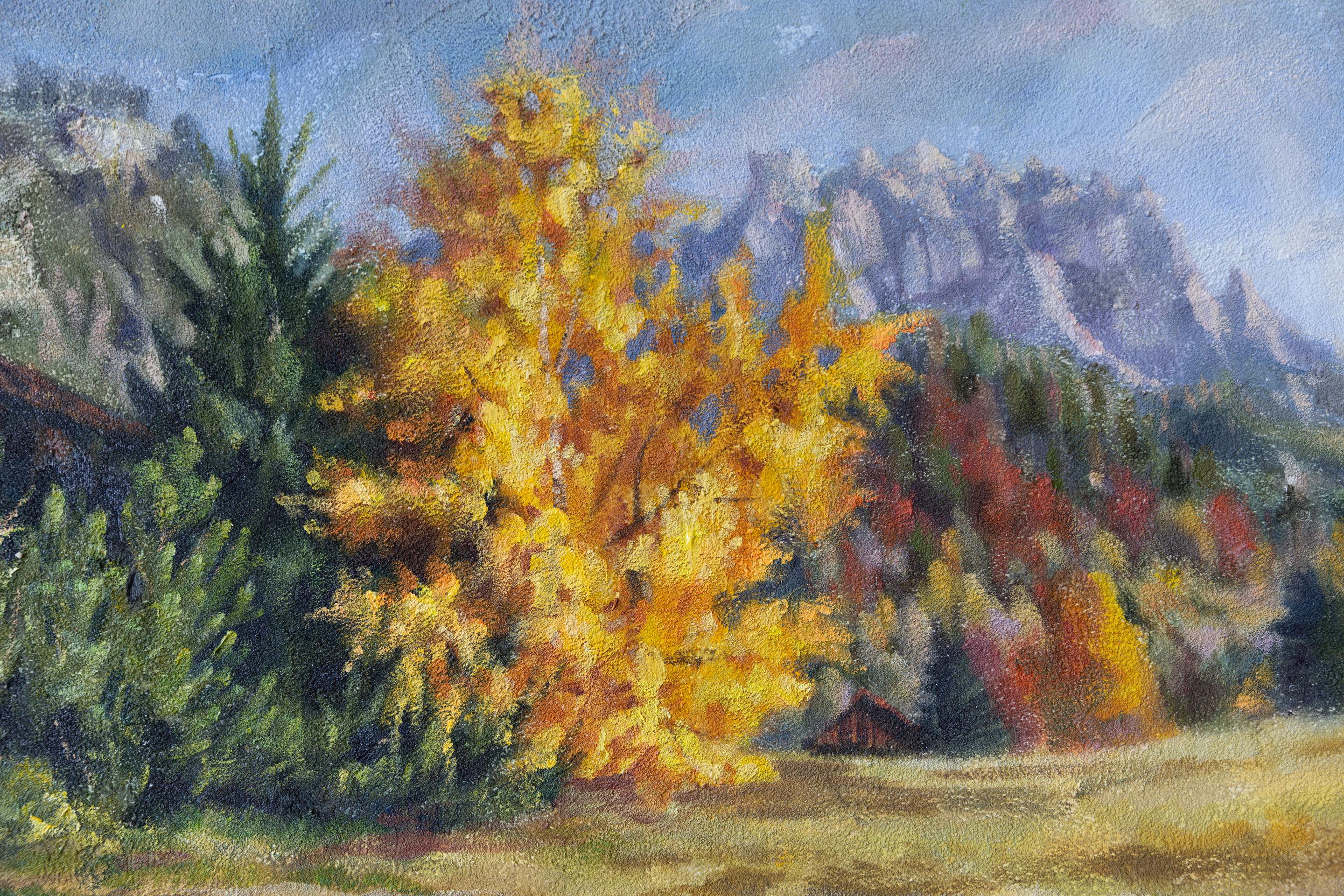 Golden Autumn. Landscape, acrylic, impressionism, horizontal, mountains For Sale 2
